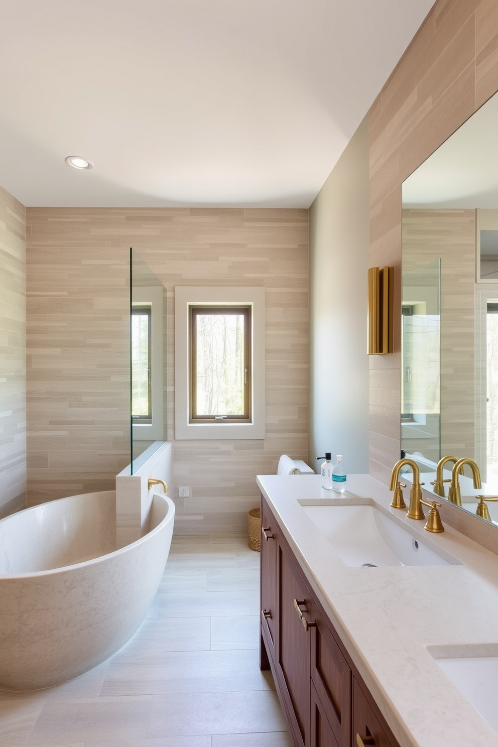 A transitional bathroom design featuring natural stone elements. The walls are adorned with textured stone tiles in soft earth tones, complemented by a freestanding bathtub made of smooth natural stone. The vanity showcases a rich wooden base with a polished stone countertop. Brass fixtures add a touch of elegance, while large windows allow natural light to flood the space, enhancing the organic feel.