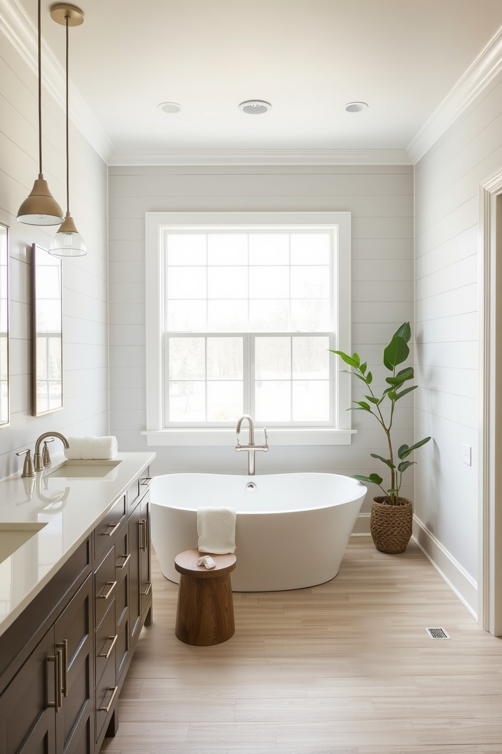 A transitional bathroom design featuring framed mirrors that enhance the sense of space. The room includes a freestanding tub surrounded by elegant fixtures and natural light streaming through frosted windows.