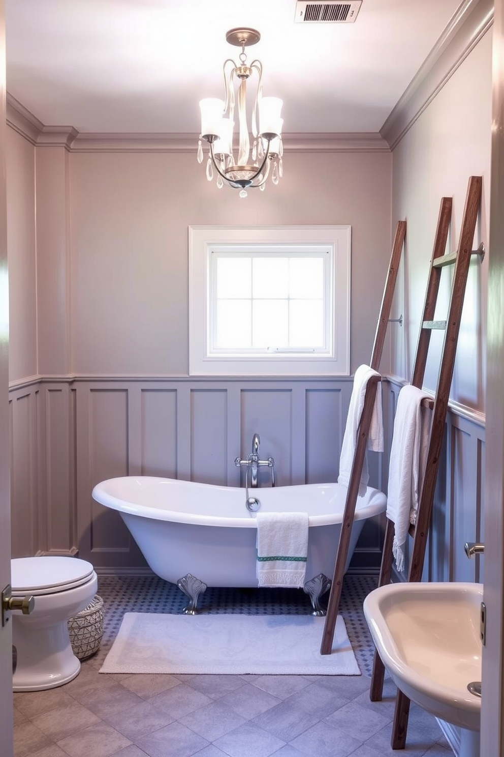 A transitional bathroom design that beautifully blends vintage and contemporary elements. The space features a clawfoot bathtub paired with sleek modern fixtures, creating a harmonious balance. The walls are adorned with classic wainscoting painted in a soft gray, while a contemporary chandelier hangs from the ceiling. A vintage wooden ladder serves as a stylish towel rack, adding character and charm to the room.