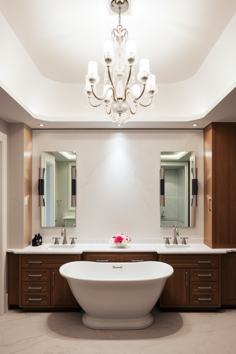 A transitional bathroom design featuring layered lighting elements that create a warm and inviting atmosphere. The space includes recessed ceiling lights, wall sconces on either side of the mirrors, and a stylish pendant light hanging above the freestanding tub. The color palette combines soft whites and warm grays with natural wood accents. Elegant fixtures and finishes enhance the overall aesthetic, while strategically placed lighting highlights key design features throughout the room.