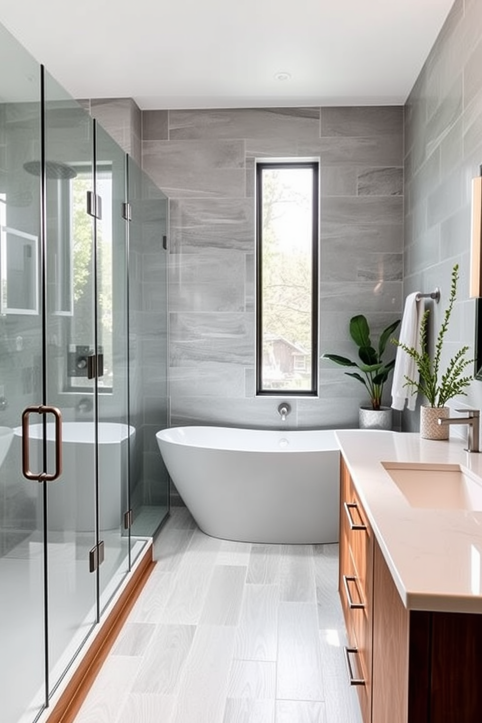 A glass shower enclosure allows natural light to flood the space, creating an airy and open feel. The walls are adorned with soft gray tiles, complemented by a freestanding soaking tub positioned near the window. The vanity features a sleek design with a white quartz countertop and brushed nickel fixtures. Warm wood accents add a touch of elegance, while greenery in decorative pots enhances the tranquil atmosphere.