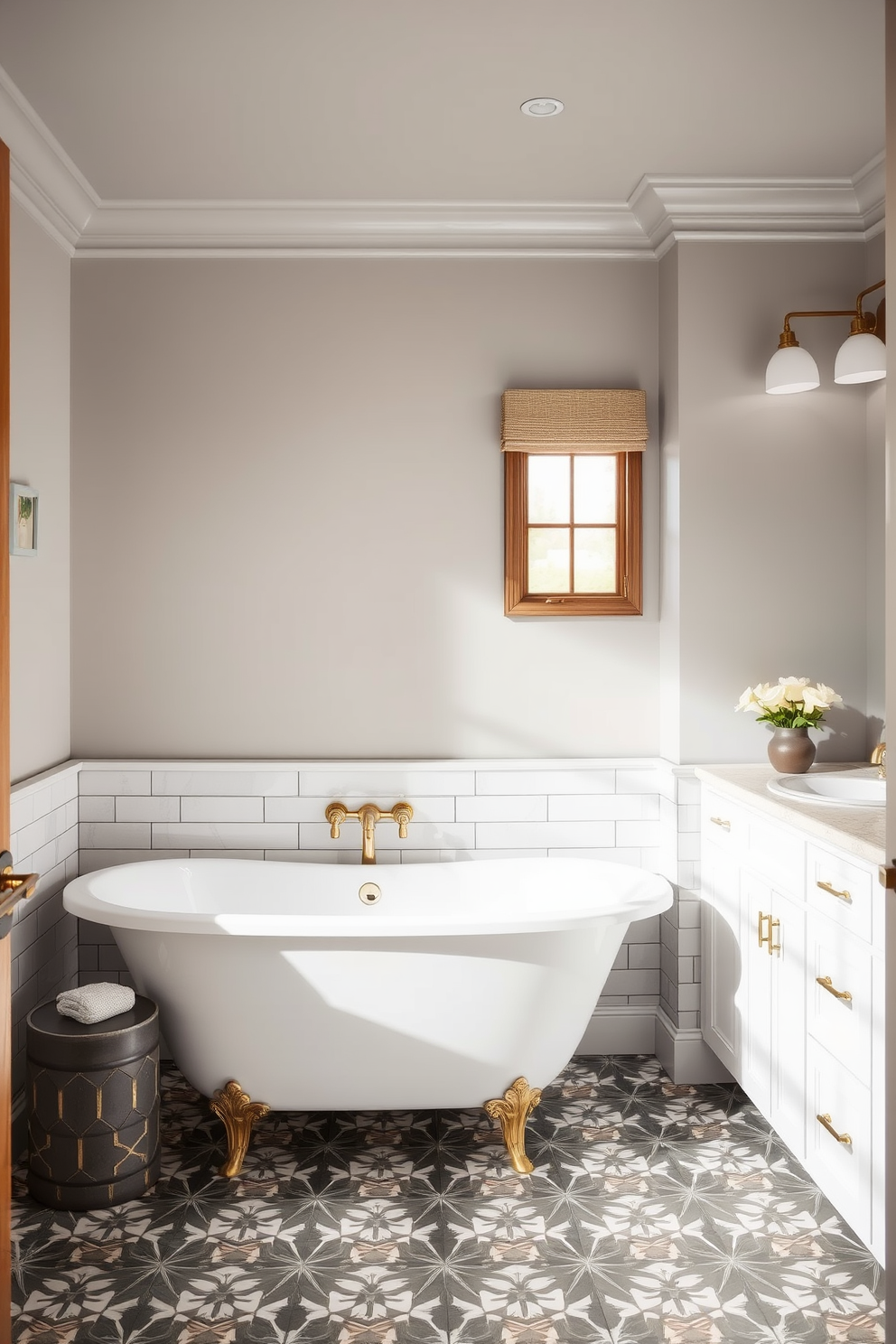 A transitional bathroom featuring geometric patterned floor tiles that add visual interest. The walls are painted in a soft gray, complemented by elegant fixtures and warm wooden accents.