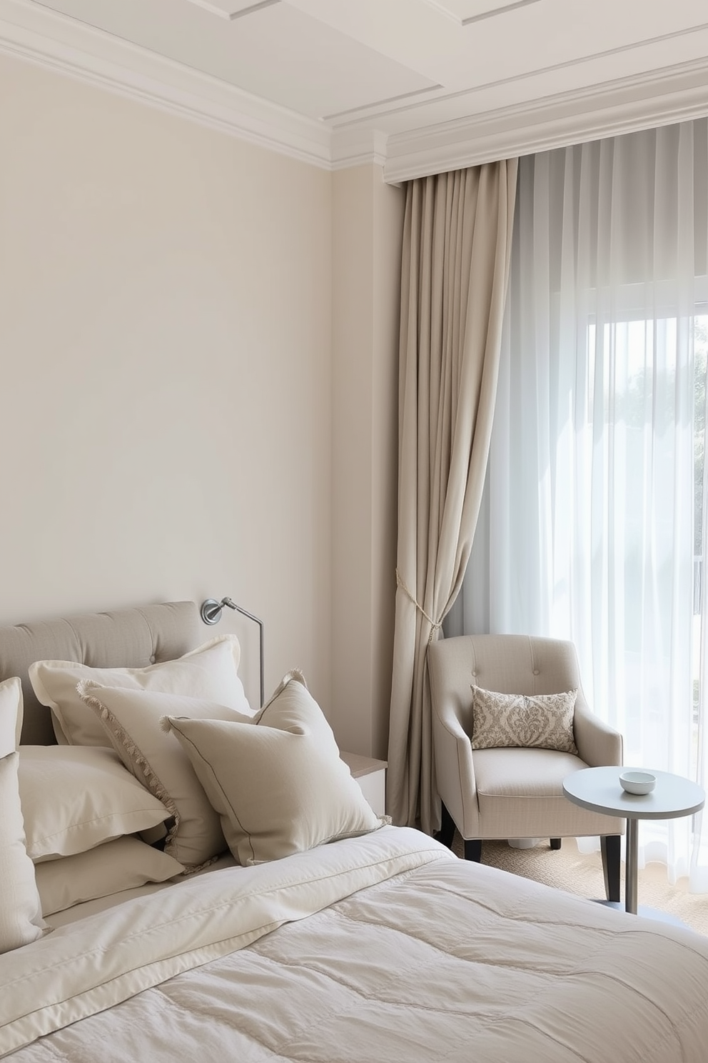 A serene bedroom setting with soft neutral colors on the walls creating a calming atmosphere. The bedding features layers of cream and beige textiles, complemented by decorative pillows in subtle patterns. A cozy reading nook is positioned by a large window, adorned with sheer curtains that allow natural light to filter through. A stylish armchair in a light fabric sits next to a small side table, perfect for holding books and a cup of tea.