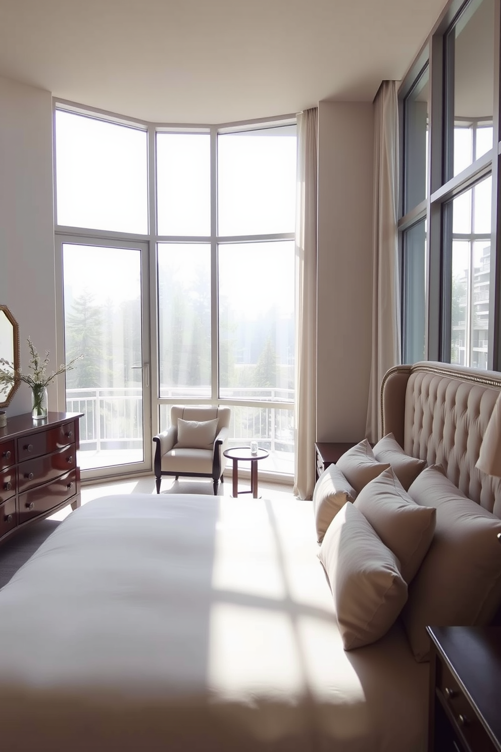 A serene bedroom filled with natural light streaming through large floor-to-ceiling windows. The space features a blend of modern and traditional elements with a plush upholstered bed and elegant wooden nightstands. Soft neutral tones dominate the color palette, creating a calming atmosphere. A cozy reading nook is situated by the window, adorned with a stylish armchair and a small side table.