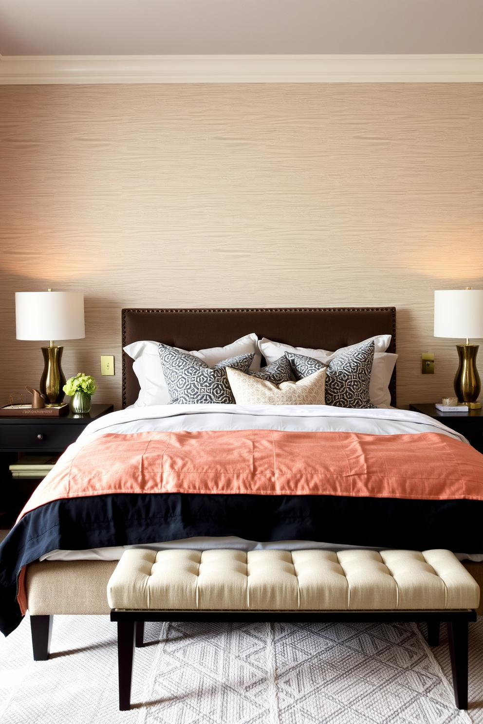 A cozy transitional bedroom features an accent wall adorned with textured wallpaper in soft neutral tones. The bed is dressed in layered linens with a mix of patterns and colors, complemented by stylish bedside tables and lamps.