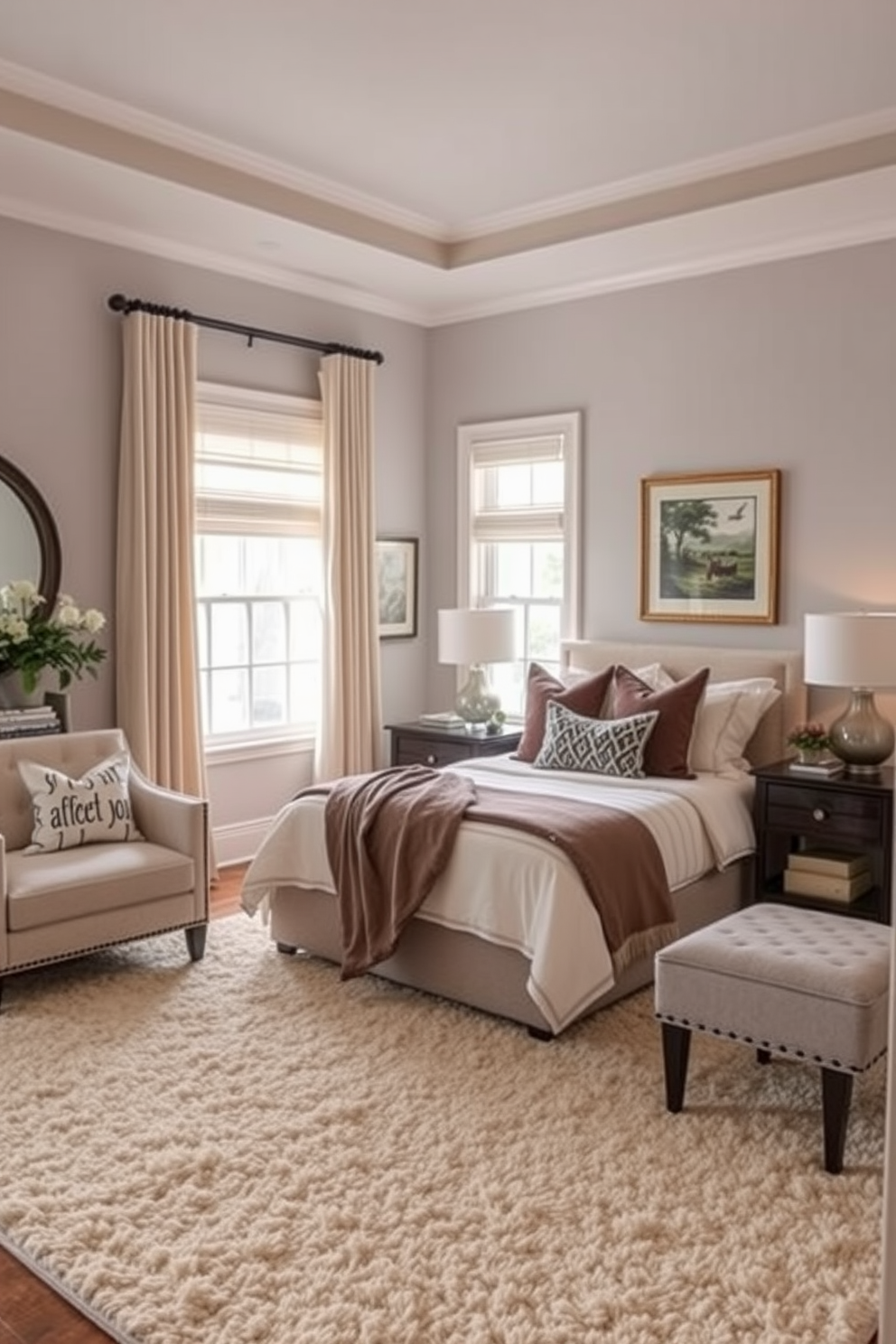 A cozy transitional bedroom featuring a soft area rug that adds warmth and comfort to the space. The room is adorned with a blend of modern and traditional furnishings, including a plush bed with layered bedding and stylish bedside tables.