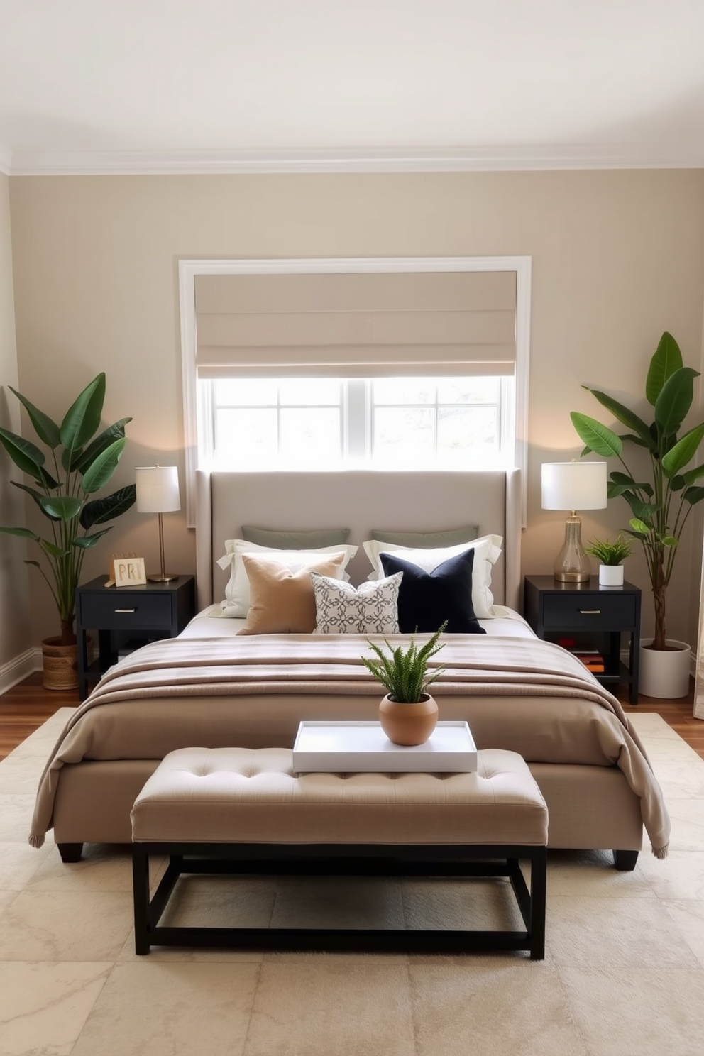 A serene transitional bedroom that seamlessly blends modern and traditional elements. The space features a plush upholstered bed with a neutral headboard, flanked by stylish nightstands adorned with contemporary lamps. Lush indoor plants are strategically placed throughout the room, adding a touch of nature and freshness. The walls are painted in a soft beige, complemented by a cozy area rug that ties the room together.