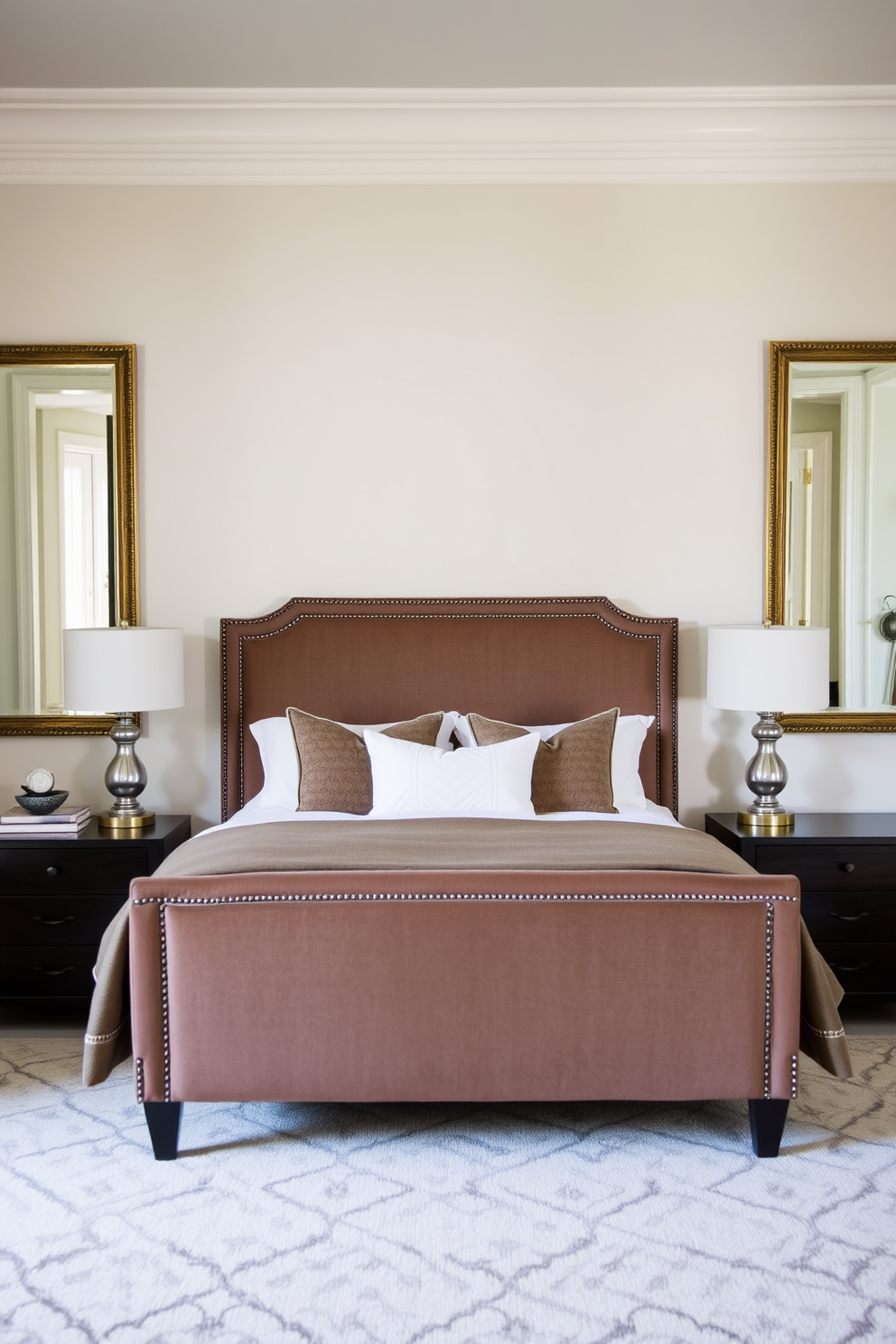 A serene bedroom environment with soft ambient lighting that creates a calming atmosphere. The room features a plush king-sized bed dressed in neutral linens, flanked by elegant nightstands with stylish lamps. The walls are painted in a soft taupe color, complemented by a cozy area rug that adds warmth to the space. Large windows allow natural light to filter in, adorned with sheer curtains that gently diffuse the sunlight.