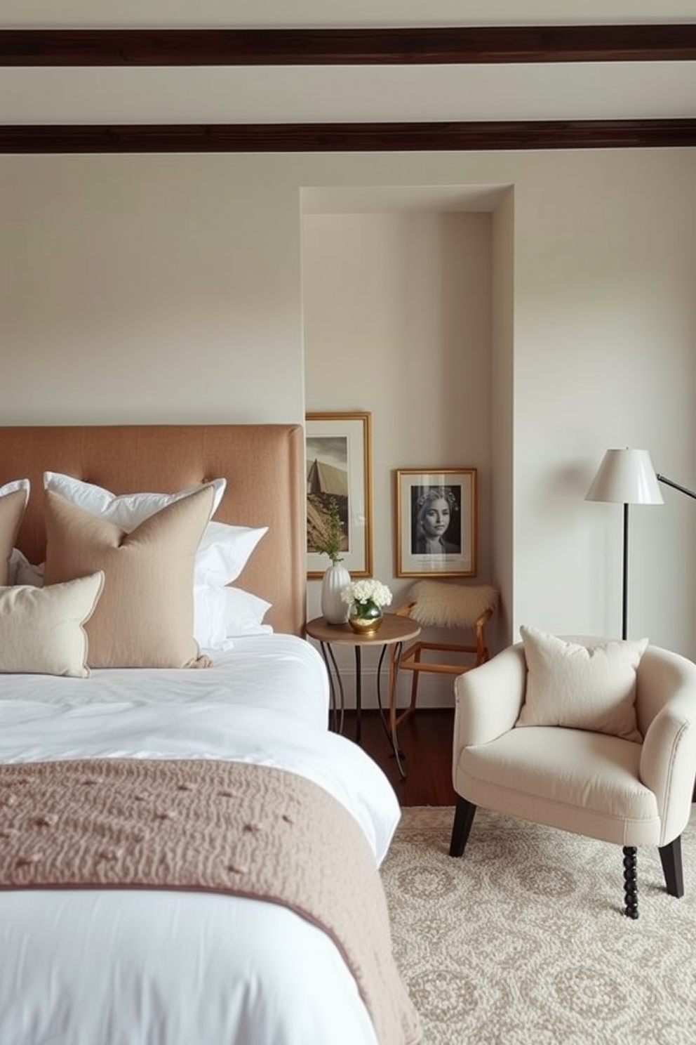 A serene bedroom space featuring a plush bed adorned with muted color cushions for added comfort. The walls are painted in soft neutral tones, and a cozy reading nook is created with a stylish armchair and a small side table.