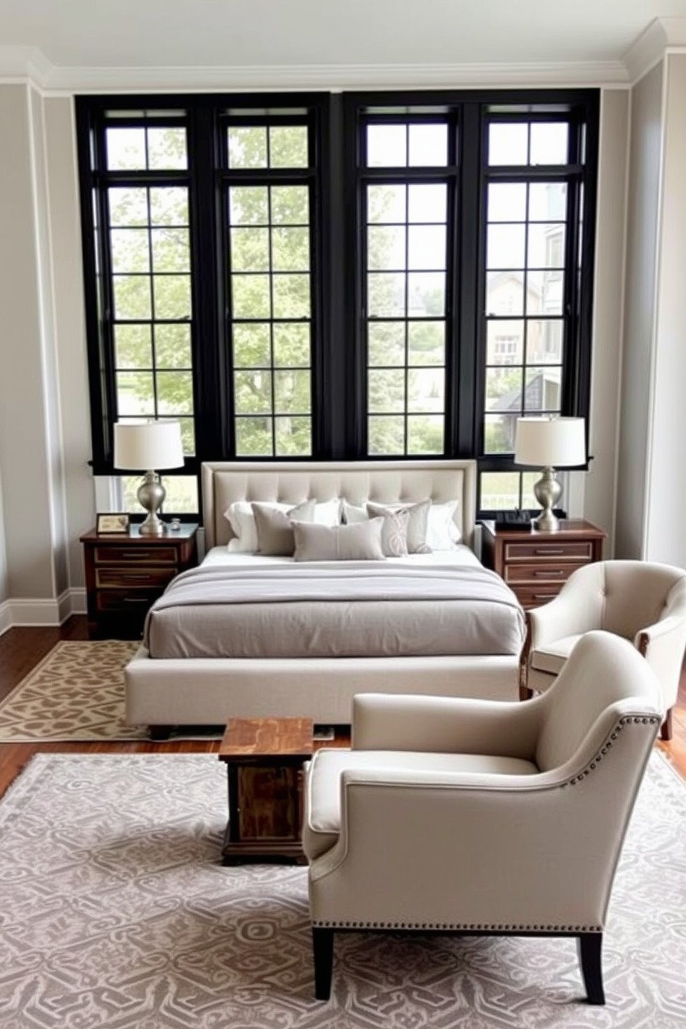 A transitional bedroom featuring a harmonious blend of modern and vintage furniture. The bed is a sleek platform style with a tufted headboard, complemented by antique nightstands on either side adorned with vintage lamps. A cozy reading nook is created with a contemporary armchair and a reclaimed wood side table. Soft, neutral bedding and a patterned area rug add warmth to the space, while large windows allow natural light to fill the room.