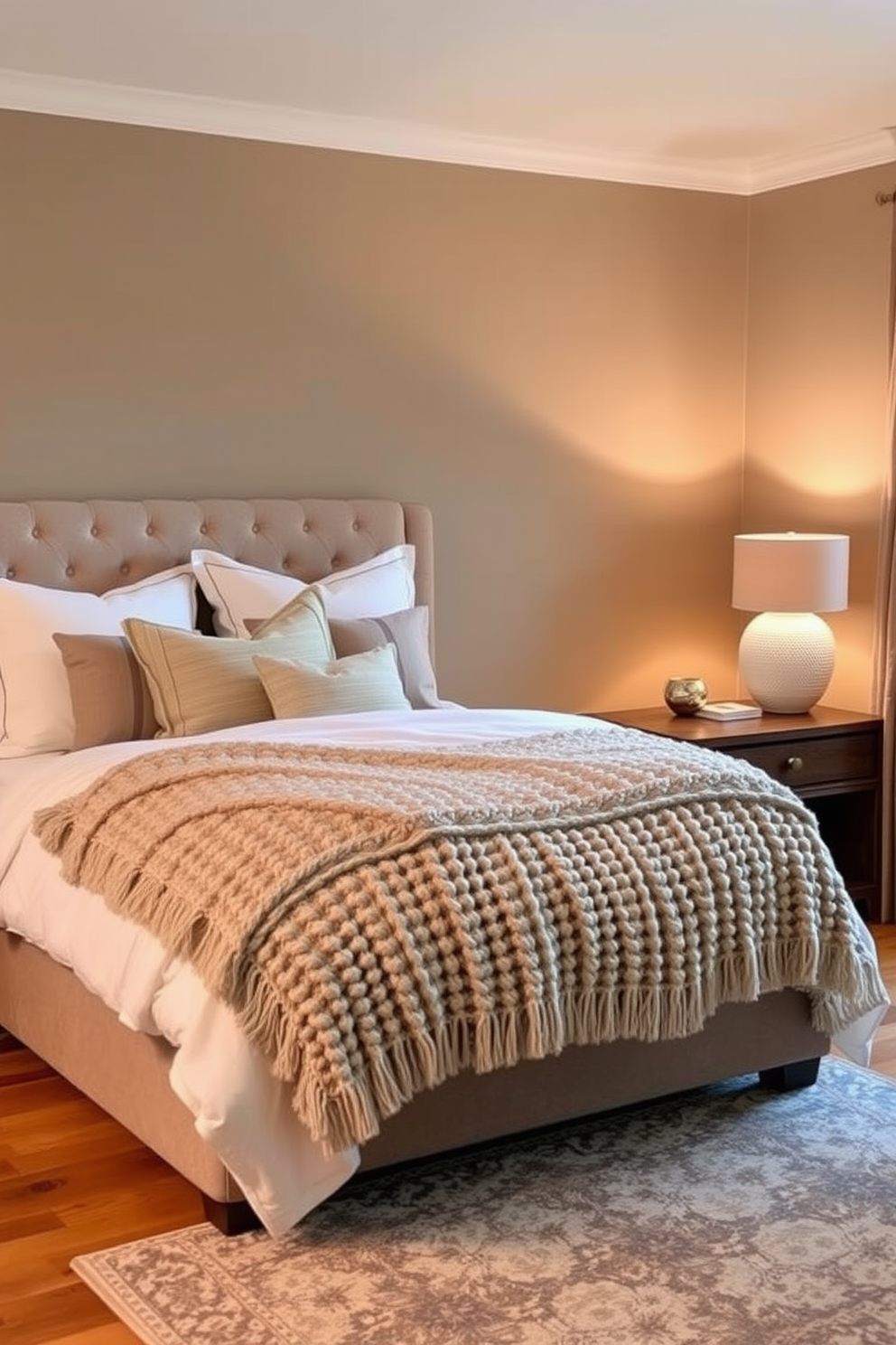 A cozy transitional bedroom featuring a blend of soft fabrics and natural materials. The bed is dressed in layered linens with a plush headboard, while a chunky knit throw adds warmth at the foot. A wooden nightstand holds a ceramic lamp with a textured shade, casting a warm glow. The walls are painted in a soft taupe, complemented by a patterned area rug that adds interest to the hardwood floor.