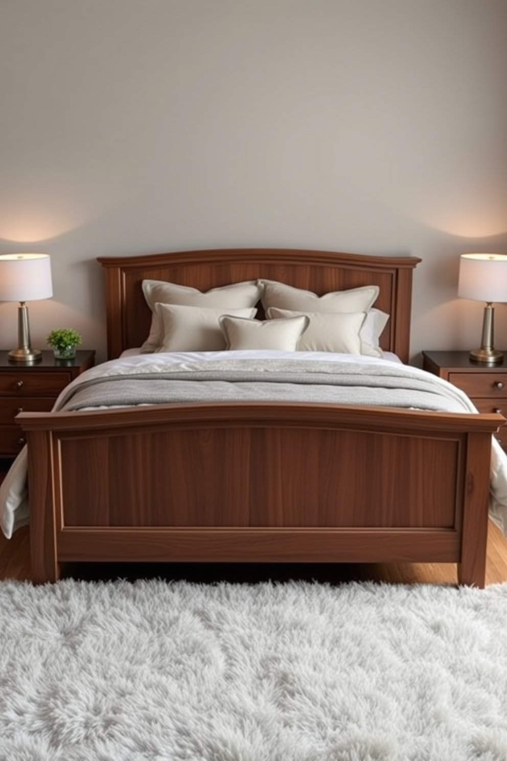 A classic wood bed frame stands as the centerpiece of the room, showcasing its rich grain and timeless appeal. The bed is adorned with modern bedding in a blend of soft textures and neutral tones, creating a harmonious contrast. Flanking the bed are sleek nightstands that complement the wood frame, each topped with contemporary lamps for a warm glow. A plush area rug anchors the space, adding comfort and a touch of elegance beneath the feet.