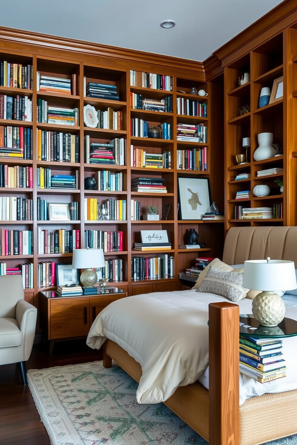 Artful display of books and decor in a transitional bedroom. A large wooden bookshelf spans one wall, filled with an array of colorful books and curated decorative objects. The bed is dressed in soft neutral linens with a plush headboard, flanked by modern nightstands. A cozy reading nook is created in the corner with a stylish armchair and a small side table, inviting relaxation.