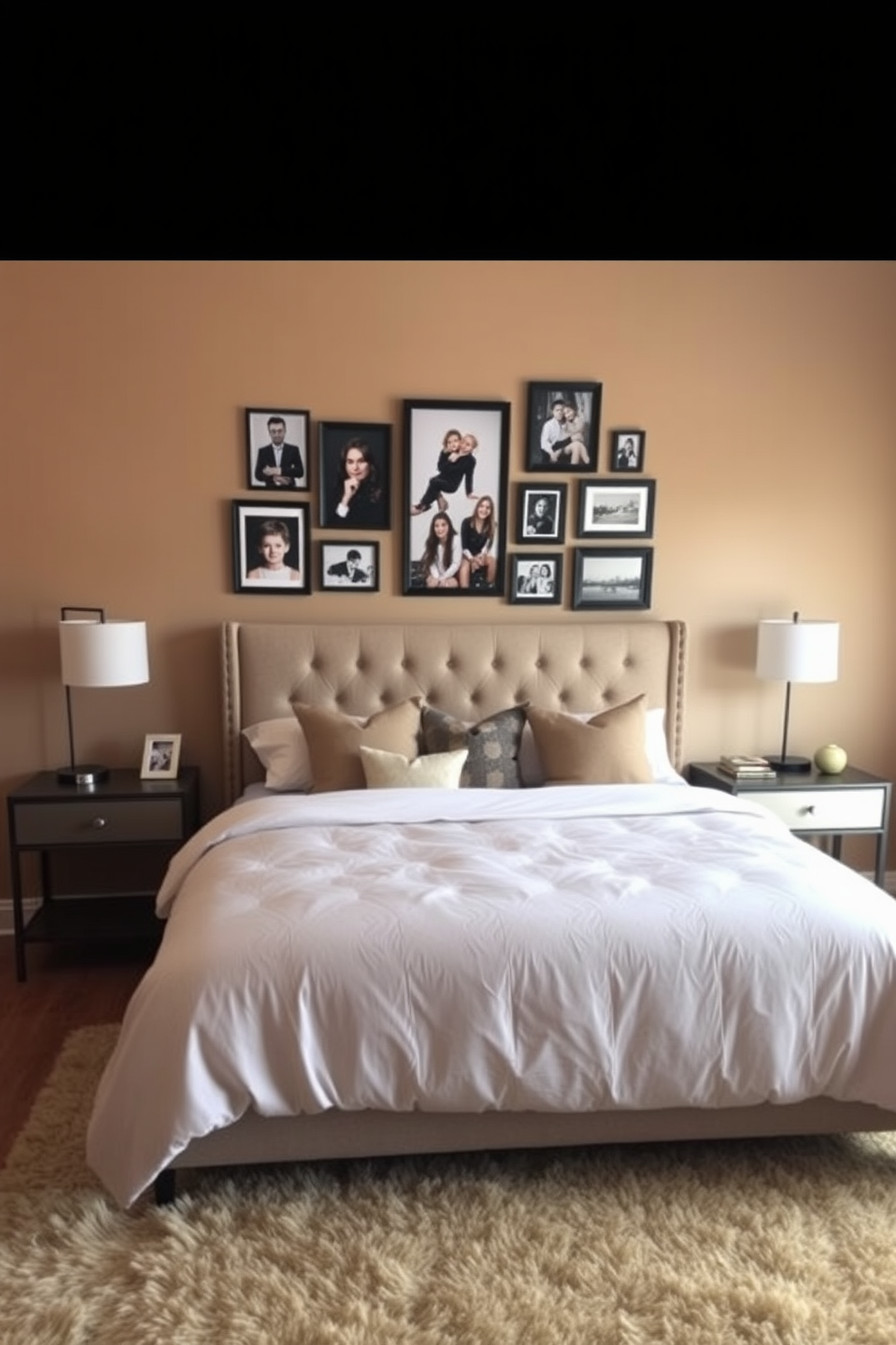 A cozy bedroom featuring a queen-sized bed with a tufted headboard adorned with soft pillows. The walls are painted in a warm beige tone, and a gallery wall displays framed family photos in various sizes. A stylish nightstand on each side of the bed holds modern lamps with soft lighting. A plush area rug lies beneath the bed, adding warmth and comfort to the space.