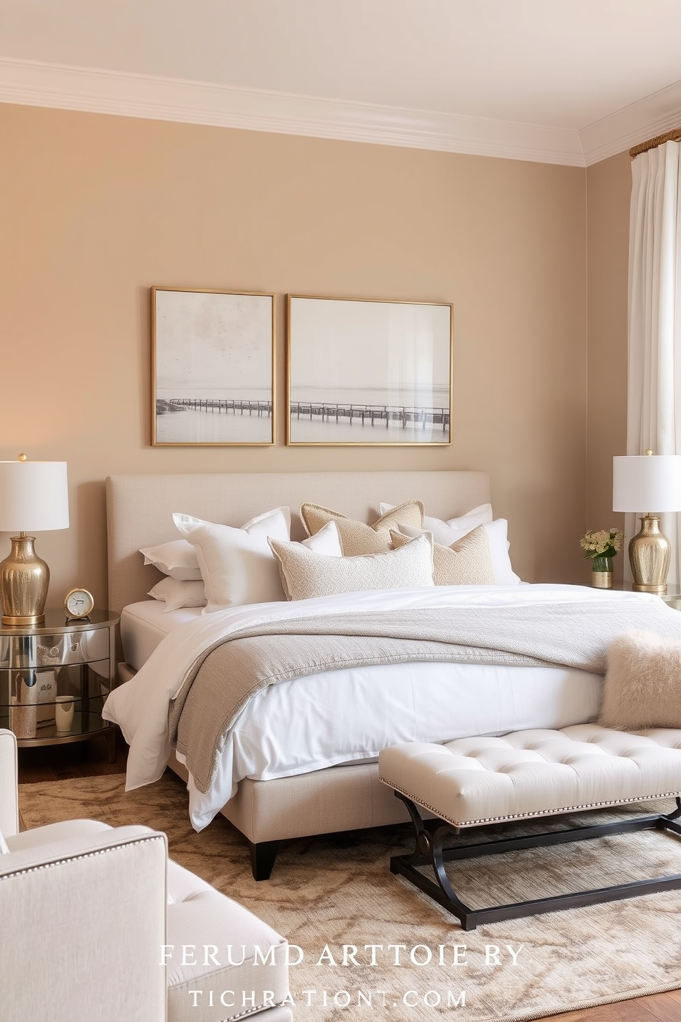 A serene bedroom setting featuring soft neutral artwork that enhances the overall decor. The walls are painted in a warm beige tone, and the bedding includes a mix of textures in white and light gray hues. The room is accented with a blend of modern and vintage furniture pieces that create a transitional style. A plush area rug in muted tones anchors the space, while elegant bedside lamps provide a warm glow.