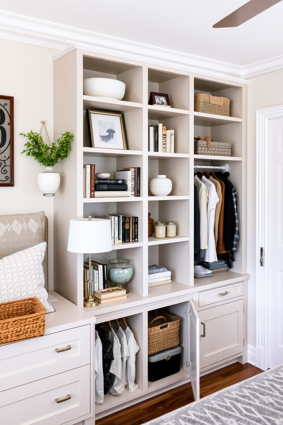 A cozy transitional bedroom featuring a combination of open and closed shelving. The open shelves display carefully curated decor and books, while the closed cabinetry offers ample storage for clothing and personal items.