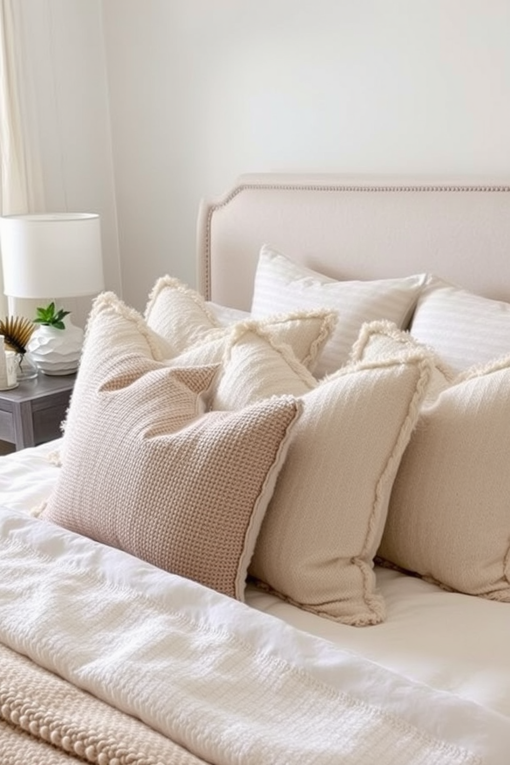 A cozy transitional bedroom featuring layered bedding in soft neutral tones. The bed is adorned with textured throw pillows of varying sizes and shapes, creating a welcoming and inviting atmosphere.