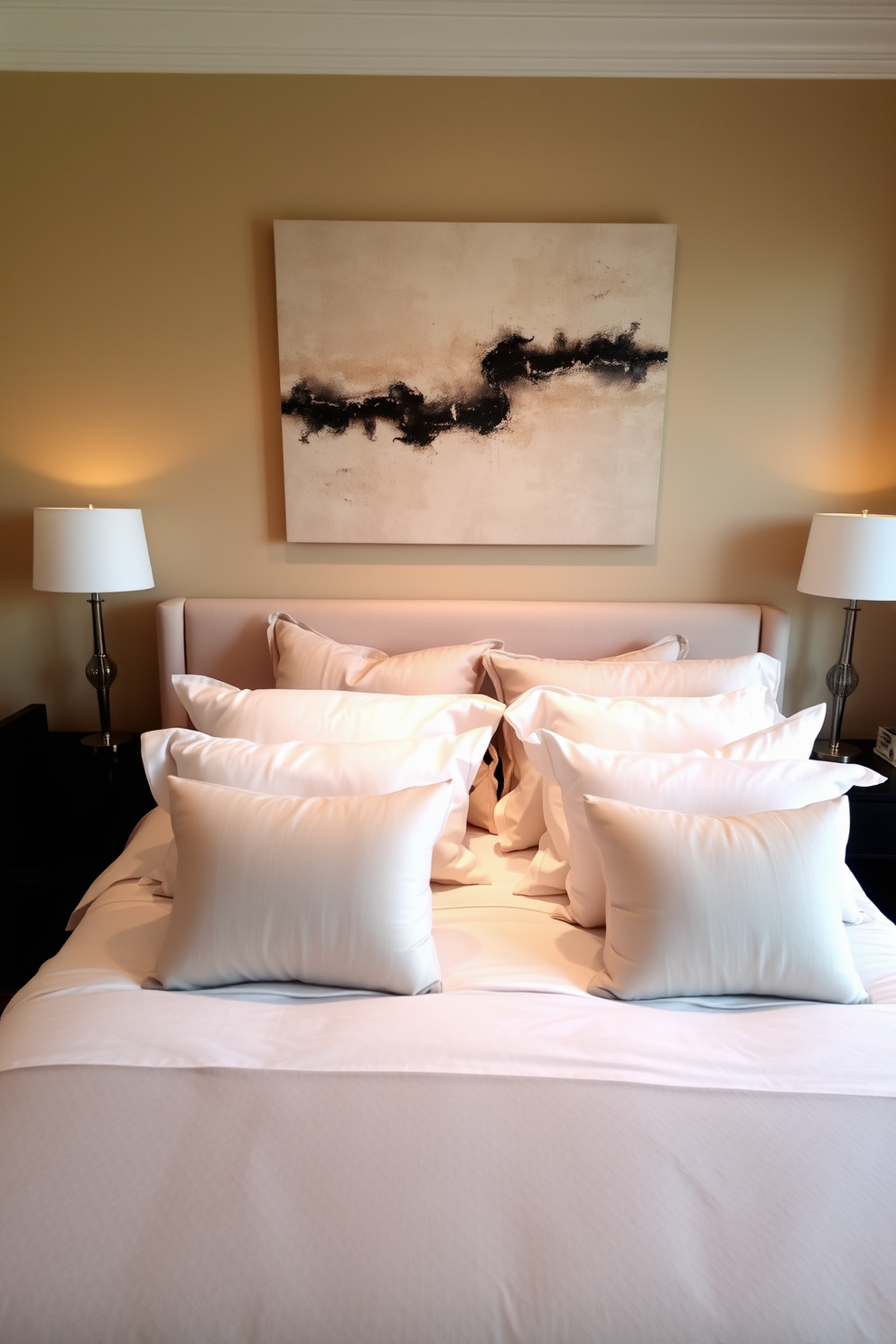 A cozy bedroom with warm lighting creating a relaxing atmosphere. The room features a plush king-sized bed with soft linens and an assortment of decorative pillows in neutral tones. A pair of bedside tables with elegant lamps provide soft illumination on either side of the bed. The walls are painted in a soothing beige, complemented by a large abstract painting above the headboard.