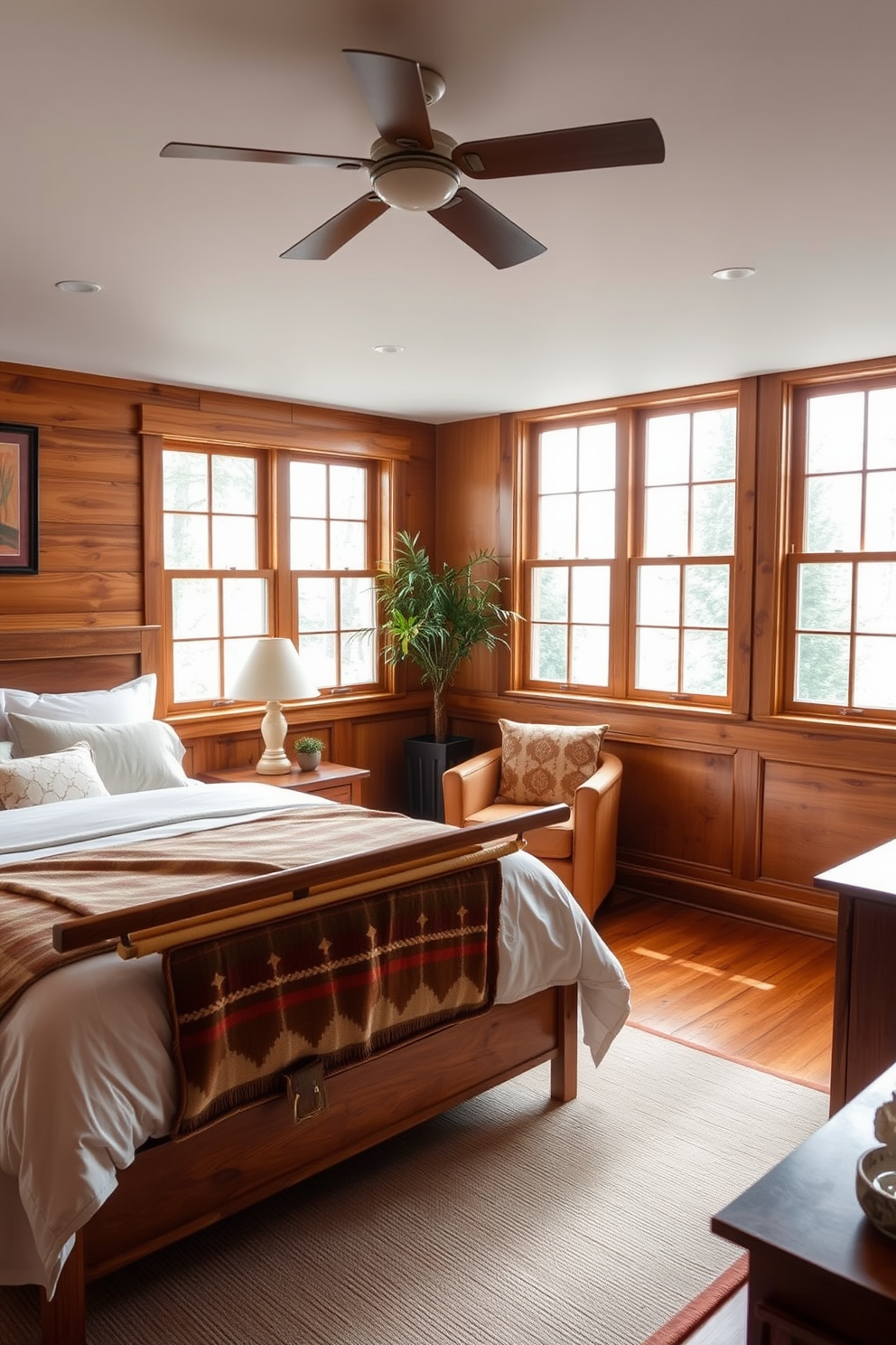 A cozy bedroom featuring natural wood accents that add warmth and texture. The room includes a wooden bed frame with soft linens, complemented by rustic nightstands and a woven area rug. Large windows allow natural light to flood the space, enhancing the earthy tones of the decor. A blend of modern and traditional furnishings creates a harmonious transitional style throughout the room.