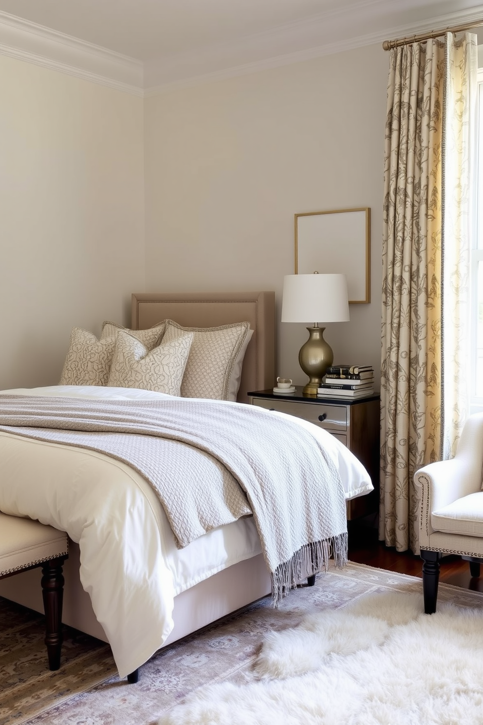 A transitional bedroom featuring soft neutral tones with subtle patterns in the curtains and rugs. The bedding is a mix of textured fabrics, complemented by elegant bedside lamps and a plush area rug that ties the space together.