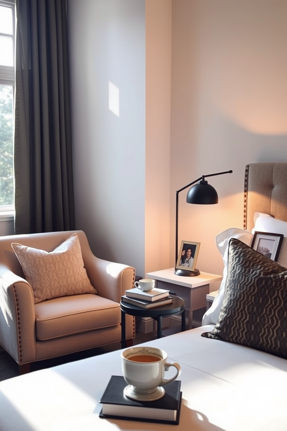 A cozy bedroom featuring window treatments made of soft, flowing fabrics that gently diffuse natural light. The room is adorned with a blend of modern and traditional furnishings, creating a harmonious transitional design.