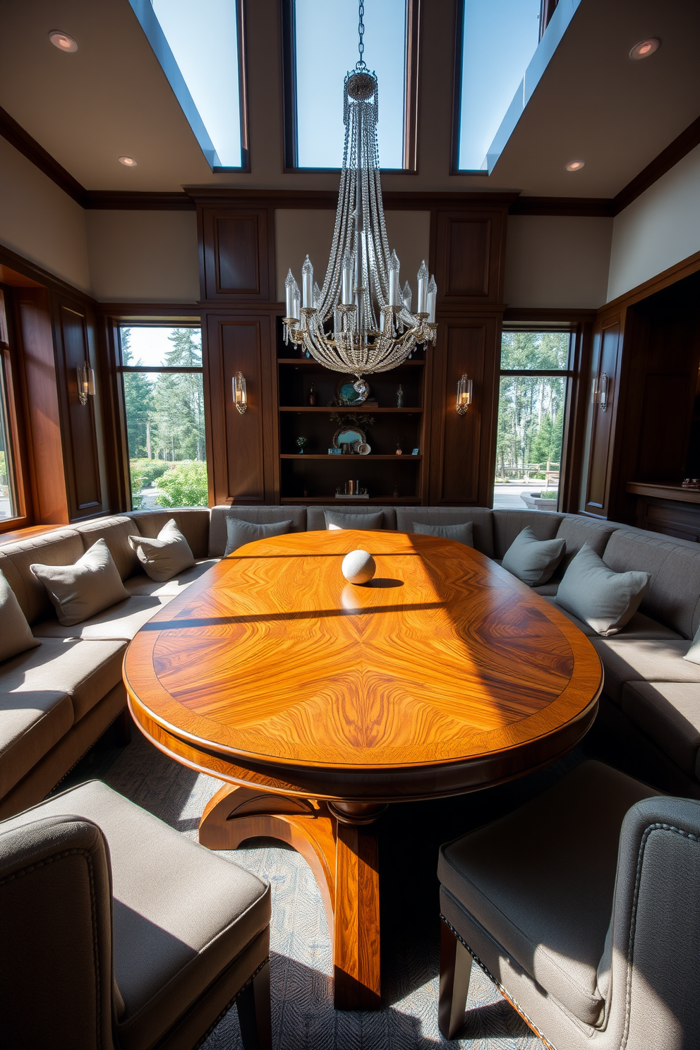 Elegant wood table with upholstered chairs. The table is surrounded by soft, plush seating that invites comfort and conversation. The room features large windows allowing natural light to flood in, highlighting the warm tones of the wood. A statement chandelier hangs above the table, creating a focal point that enhances the sophisticated atmosphere.