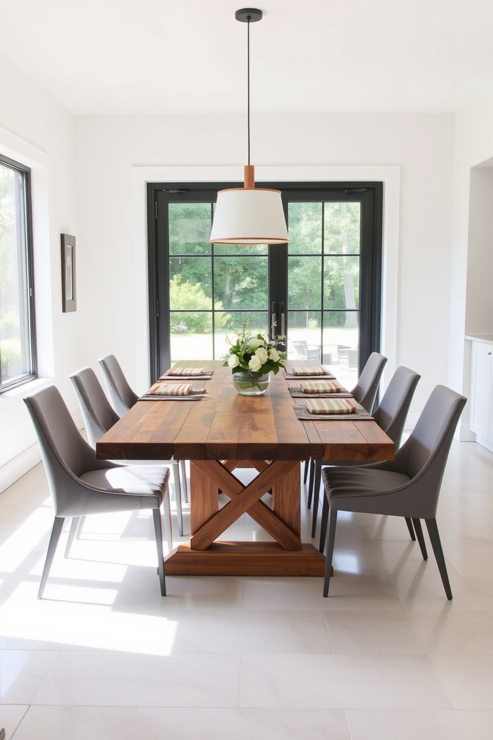 A rustic farmhouse table made of reclaimed wood sits at the center of the dining room, surrounded by sleek contemporary chairs with clean lines and upholstered seats. The walls are painted in a soft white, complemented by a large window that allows natural light to flood the space, enhancing the warm tones of the wood. A statement pendant light hangs above the table, adding a modern touch to the inviting atmosphere. Decorative elements such as a vase of fresh flowers and textured placemats create an inviting setting for family gatherings and entertaining guests.