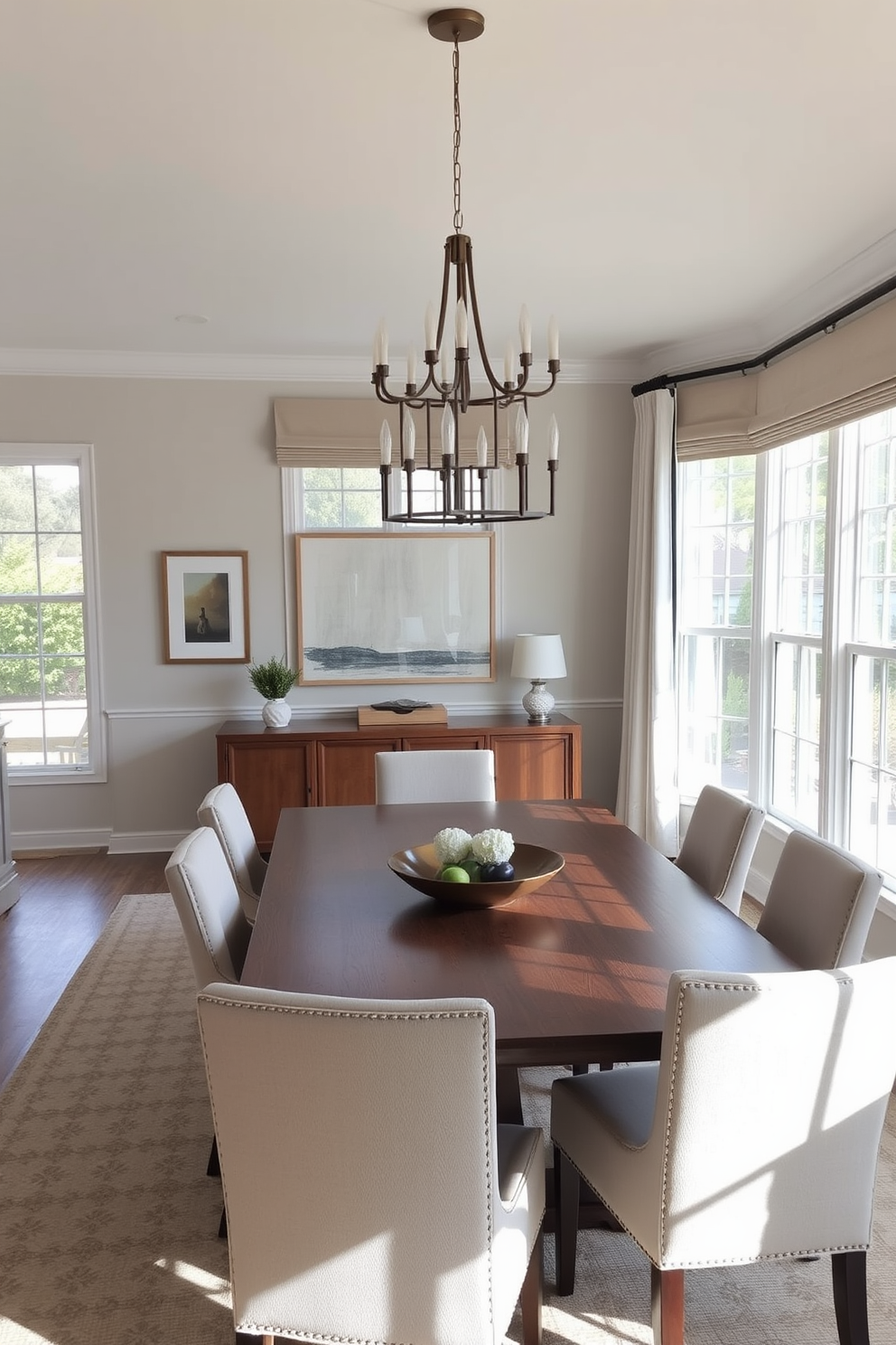 Bright window treatments allow natural light to flood the space, creating an airy and inviting atmosphere. The dining room features a blend of modern and traditional elements, with a large wooden table surrounded by upholstered chairs in soft neutral tones. Wall art in subtle colors complements the overall aesthetic, while a statement chandelier adds a touch of elegance. A sideboard in a contrasting finish provides functional storage and enhances the room's transitional style.