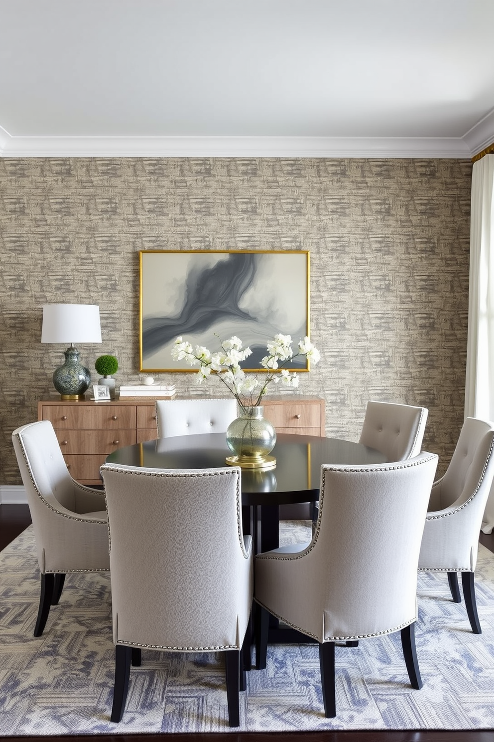 A transitional dining room features an accent wall adorned with textured wallpaper that adds depth and interest to the space. The dining table is a blend of modern and traditional styles, surrounded by upholstered chairs that provide comfort and elegance.