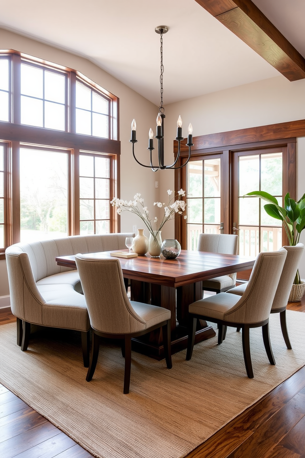 A beautifully designed dining room features a curved dining bench that seamlessly integrates with the overall aesthetic. The bench is upholstered in a soft fabric, providing a cozy and inviting space for extra seating. The dining table is made of reclaimed wood, surrounded by elegant chairs that complement the bench's curves. Large windows allow natural light to flood the room, enhancing the warm tones of the decor.