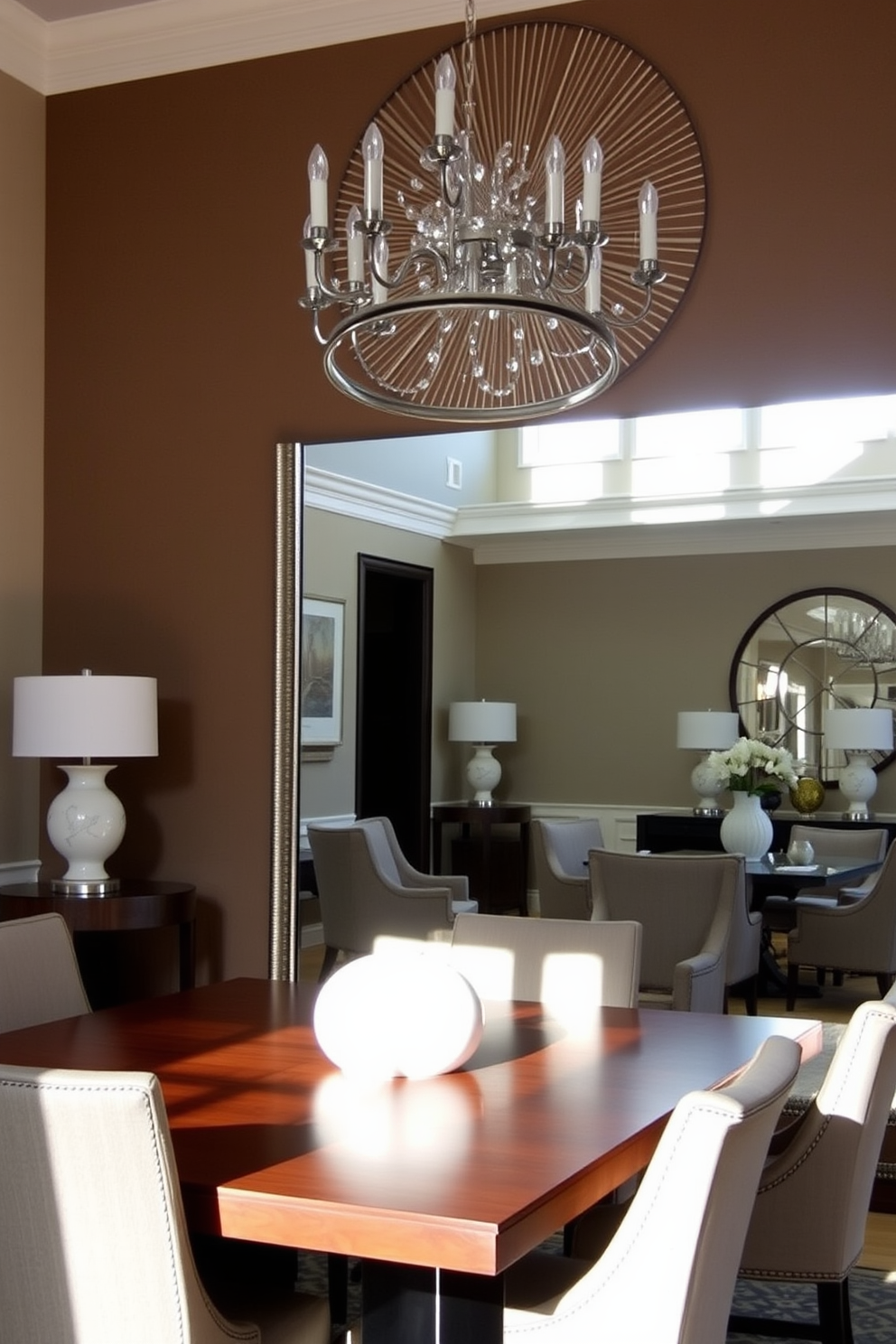 A transitional dining room features a built-in bench along one side of the table, providing additional seating while enhancing the room's functionality. The bench is upholstered in a soft, neutral fabric, complementing the wooden dining table and surrounding chairs.