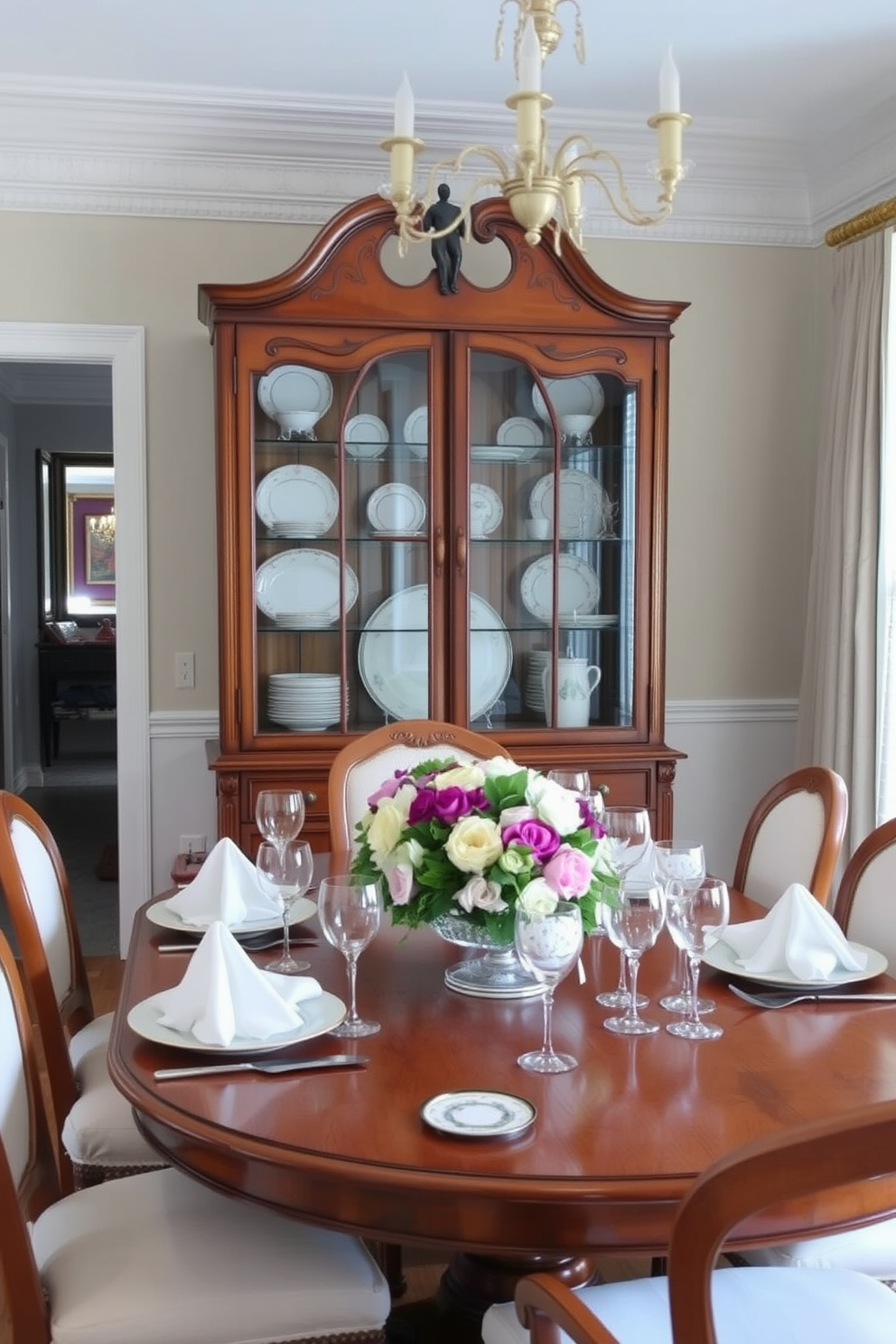 A refined dining room featuring an elegant glassware and tableware arrangement. The table is set with crystal wine glasses and fine china plates, complemented by polished silver cutlery. The room showcases a blend of modern and traditional elements with a sleek wooden dining table and upholstered chairs. Soft lighting from a contemporary chandelier casts a warm glow, enhancing the sophisticated atmosphere.