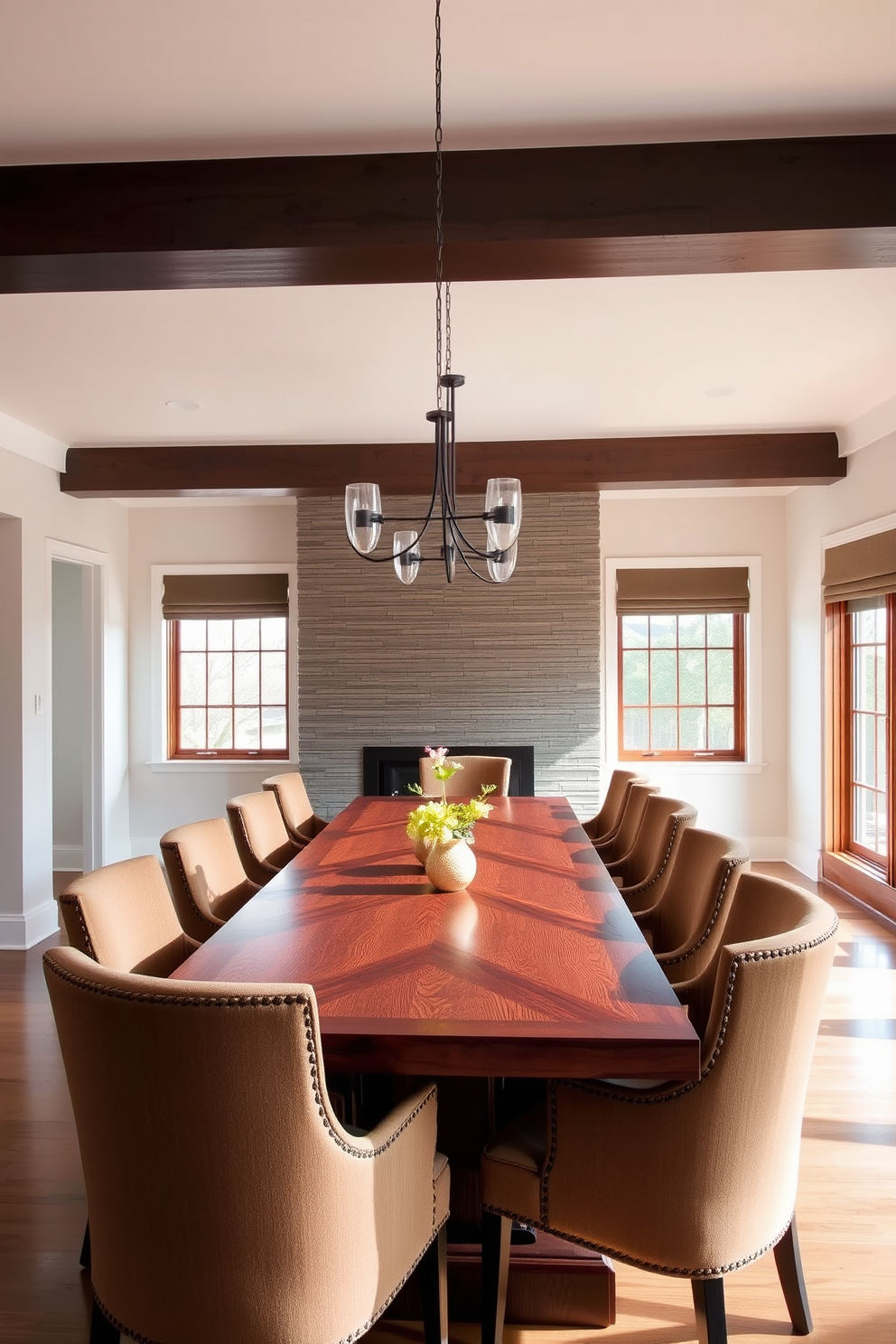 A transitional dining room that seamlessly blends modern and traditional styles. The space features a large wooden dining table surrounded by upholstered chairs in neutral tones. Lush green plants are placed in the corners, adding a fresh touch to the ambiance. A beautiful floral centerpiece adorns the table, enhancing the inviting atmosphere.