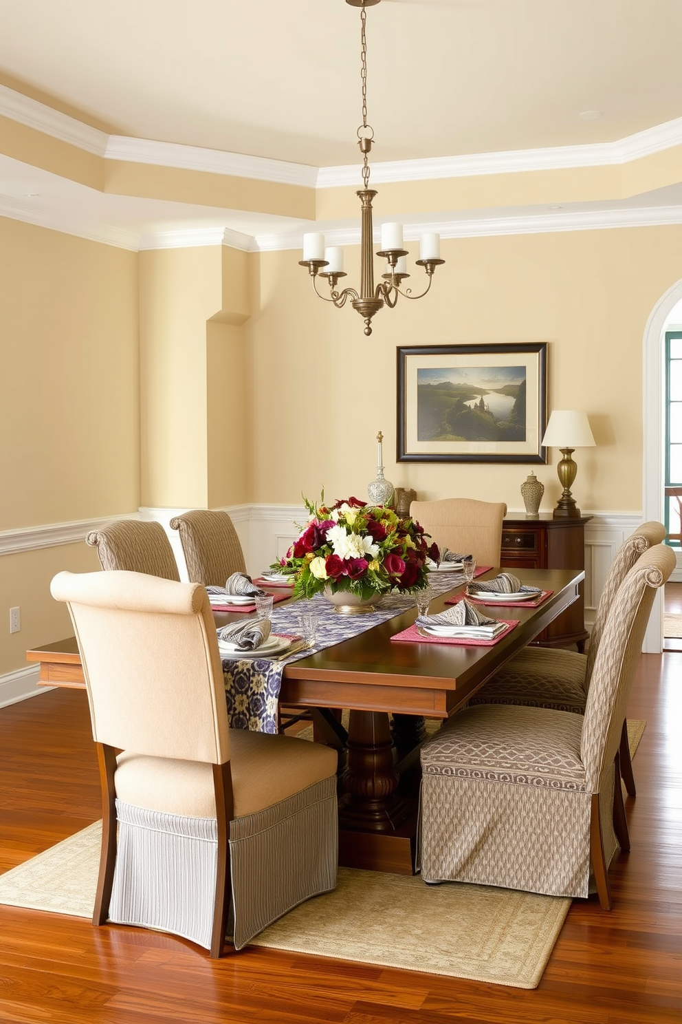 A transitional dining room featuring a large wooden table adorned with a mix of patterned tablecloths and napkins. Surrounding the table are upholstered chairs in complementary colors, creating a warm and inviting atmosphere. On the table, a centerpiece of mixed floral arrangements adds a touch of elegance. The walls are painted in a soft beige, while the flooring consists of rich hardwood that enhances the overall design.