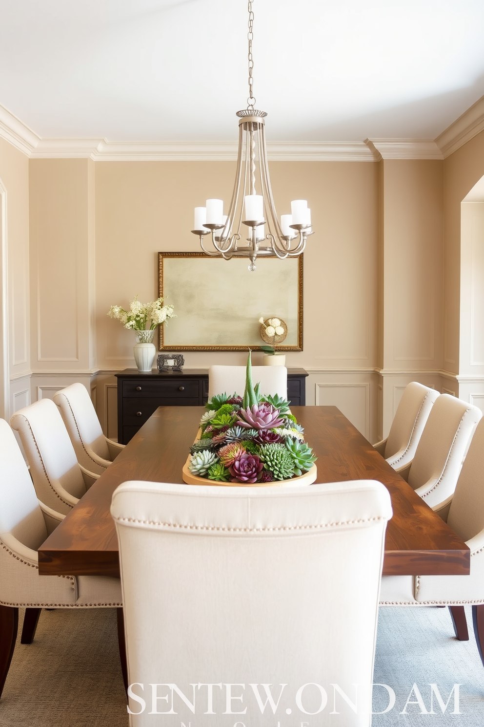 A stunning dining room featuring a large wooden table surrounded by upholstered chairs in soft neutral tones. The centerpiece consists of vibrant succulent arrangements in various sizes, adding a fresh and lively touch to the space. The walls are painted in a warm beige, complemented by elegant wainscoting that adds depth and character. A stylish chandelier hangs above the table, casting a warm glow over the room and enhancing the inviting atmosphere.