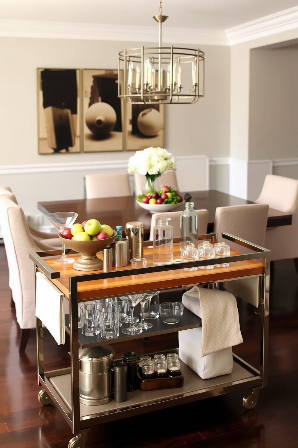 A transitional dining room features a large wooden table surrounded by upholstered chairs in a neutral fabric. Woven baskets are strategically placed under the table and in a nearby corner, providing stylish storage while adding texture to the space.