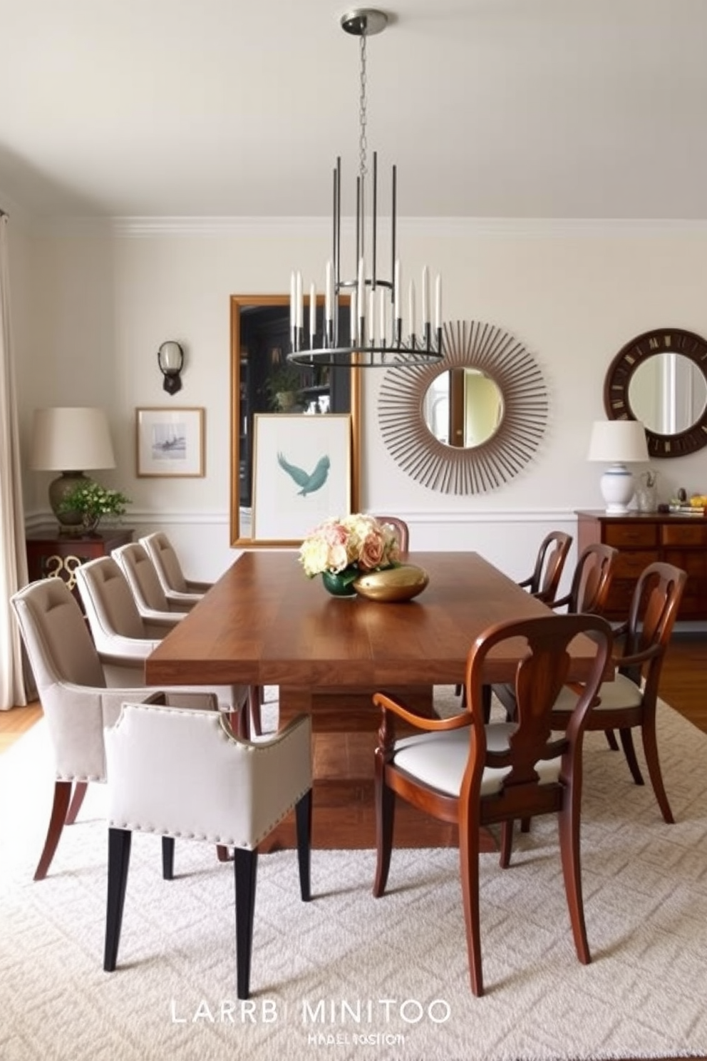 An elegant chandelier hangs gracefully above a rustic wooden dining table, casting a warm glow over the space. Surrounding the table are mismatched chairs that blend vintage charm with modern comfort, creating an inviting atmosphere for gatherings.