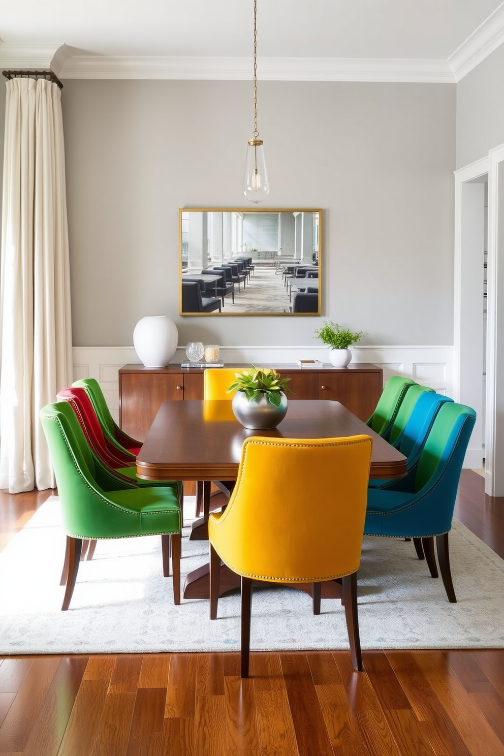 A transitional dining room featuring bold colored chairs that stand out against a neutral backdrop. The table is a rich wood finish with elegant lines, complemented by a soft area rug that adds warmth to the space.