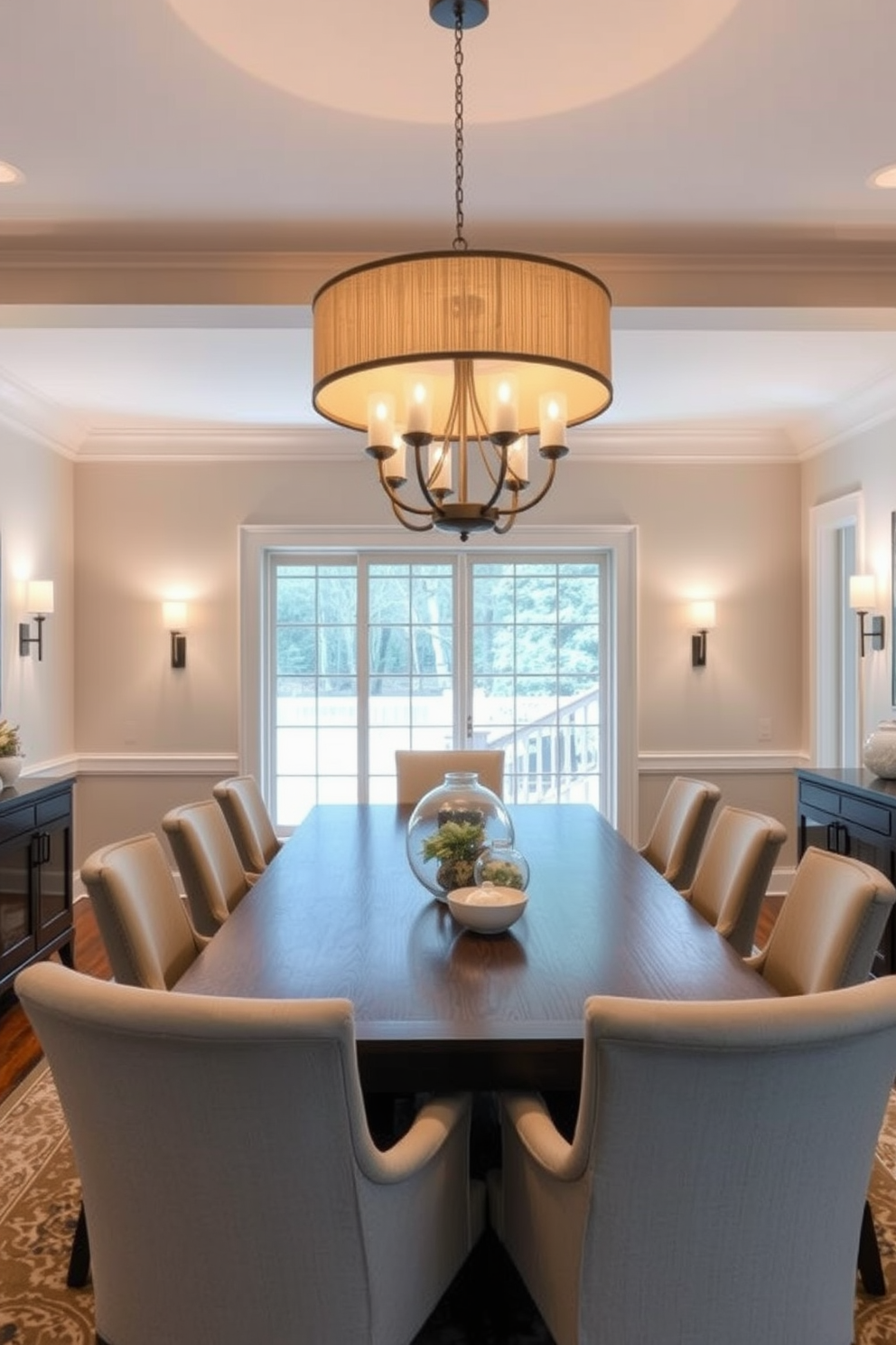 Layered lighting creates a versatile ambiance in a transitional dining room. The space features a large wooden dining table surrounded by comfortable upholstered chairs, with a statement chandelier hanging above. Soft wall sconces complement the overhead lighting, casting a warm glow on the neutral-toned walls. Large windows allow natural light to flood the room, enhancing the inviting atmosphere during the day.