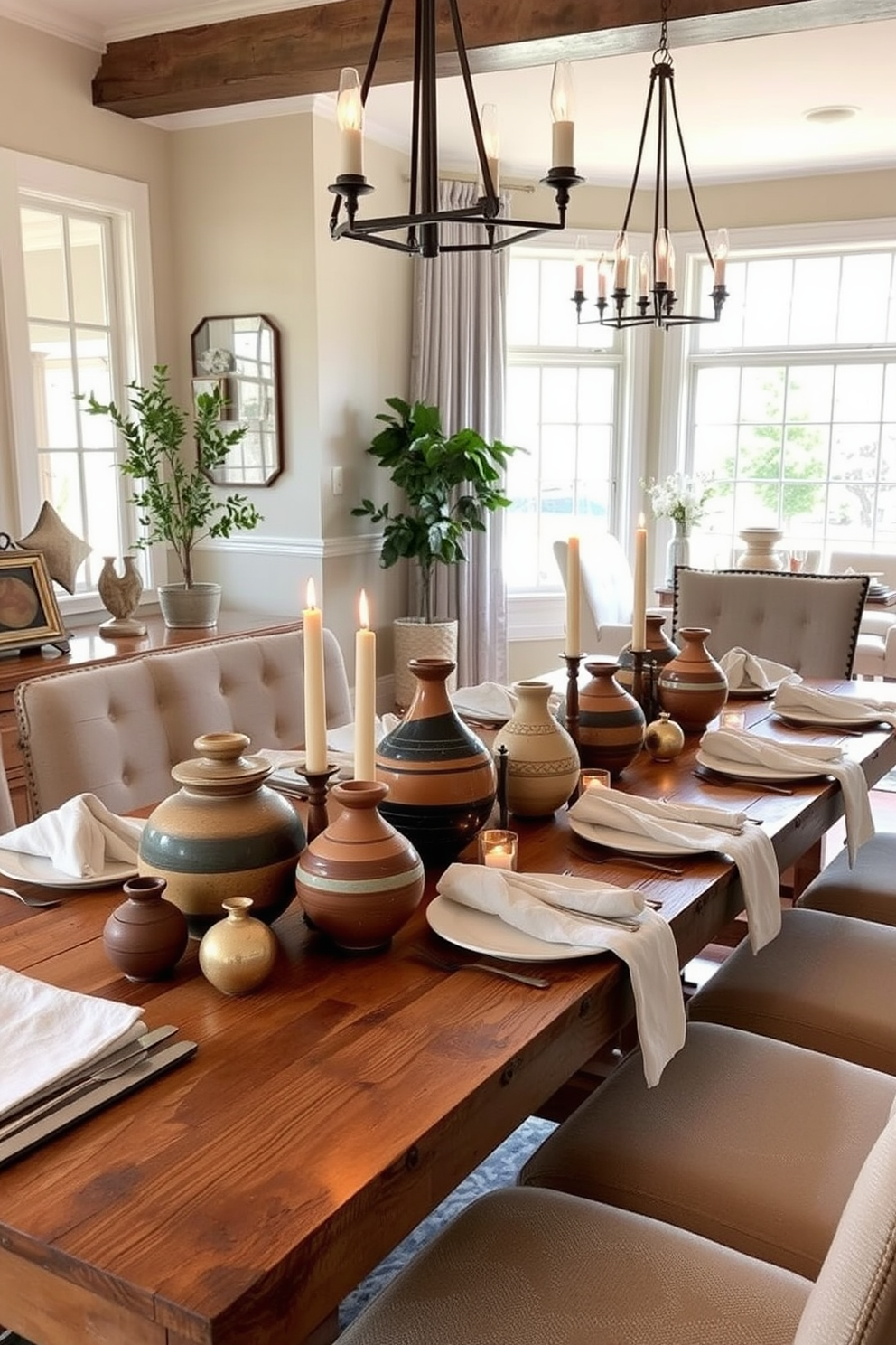 A transitional dining room featuring oversized mirrors that reflect light and create a sense of space. The room includes a large wooden dining table surrounded by upholstered chairs, with a stylish chandelier hanging above.