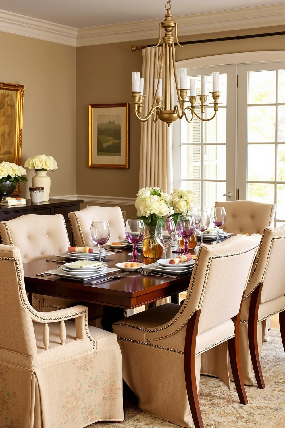 A vintage sideboard made of rich mahogany sits against the wall, featuring intricate carvings and brass hardware. It is adorned with decorative items such as a vintage clock and a collection of elegant tableware. The dining table is a blend of modern and traditional styles, surrounded by upholstered chairs in soft neutral tones. Large windows allow natural light to fill the room, highlighting the warm wooden floors and creating an inviting atmosphere.