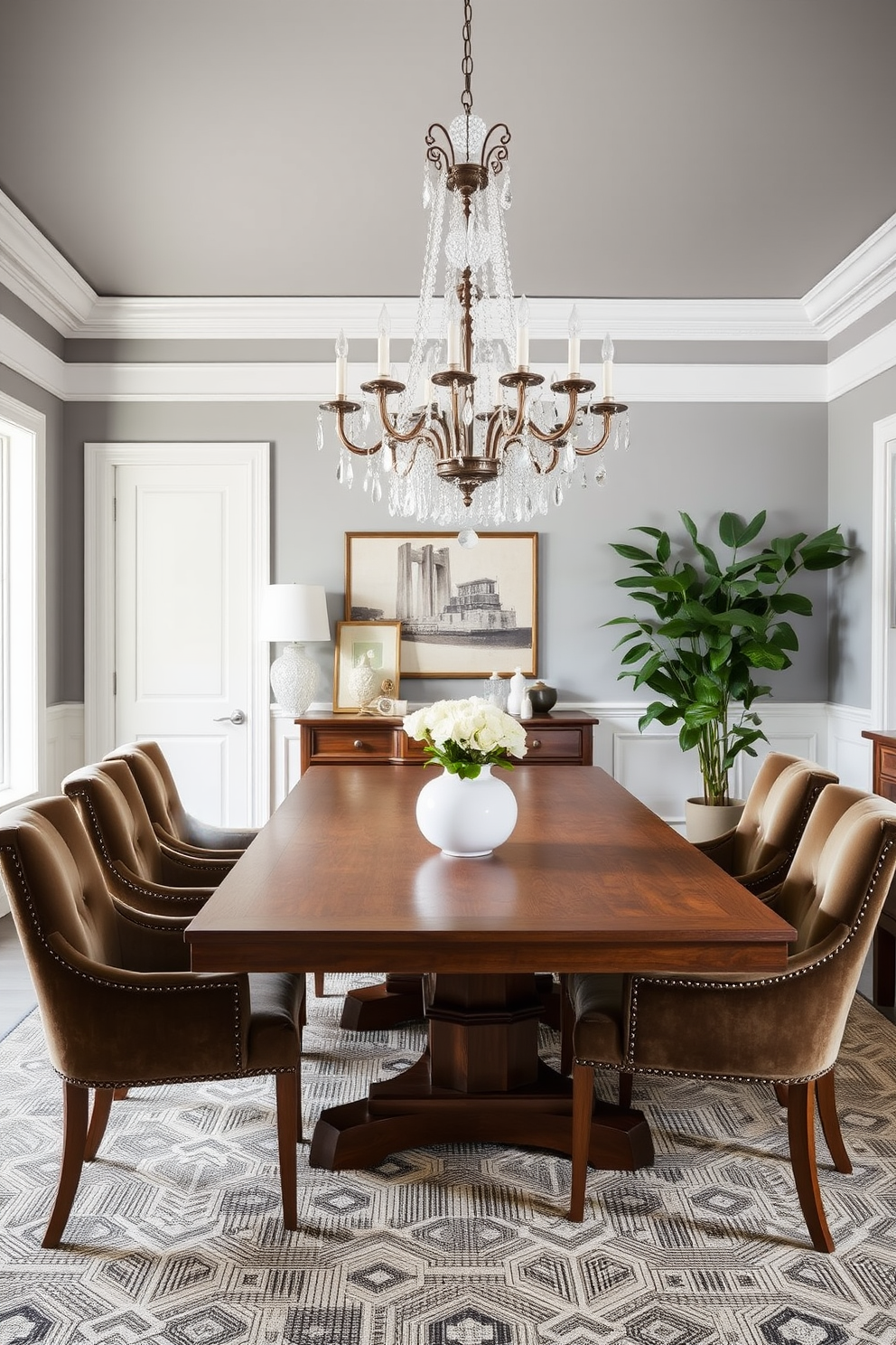 A transitional dining room that elegantly blends classic and modern elements. The centerpiece is a large wooden dining table surrounded by upholstered chairs in a rich velvet fabric. Above the table, a stunning chandelier with crystal accents adds a touch of glam. The walls are painted in a soft gray, complemented by a textured area rug that anchors the space.