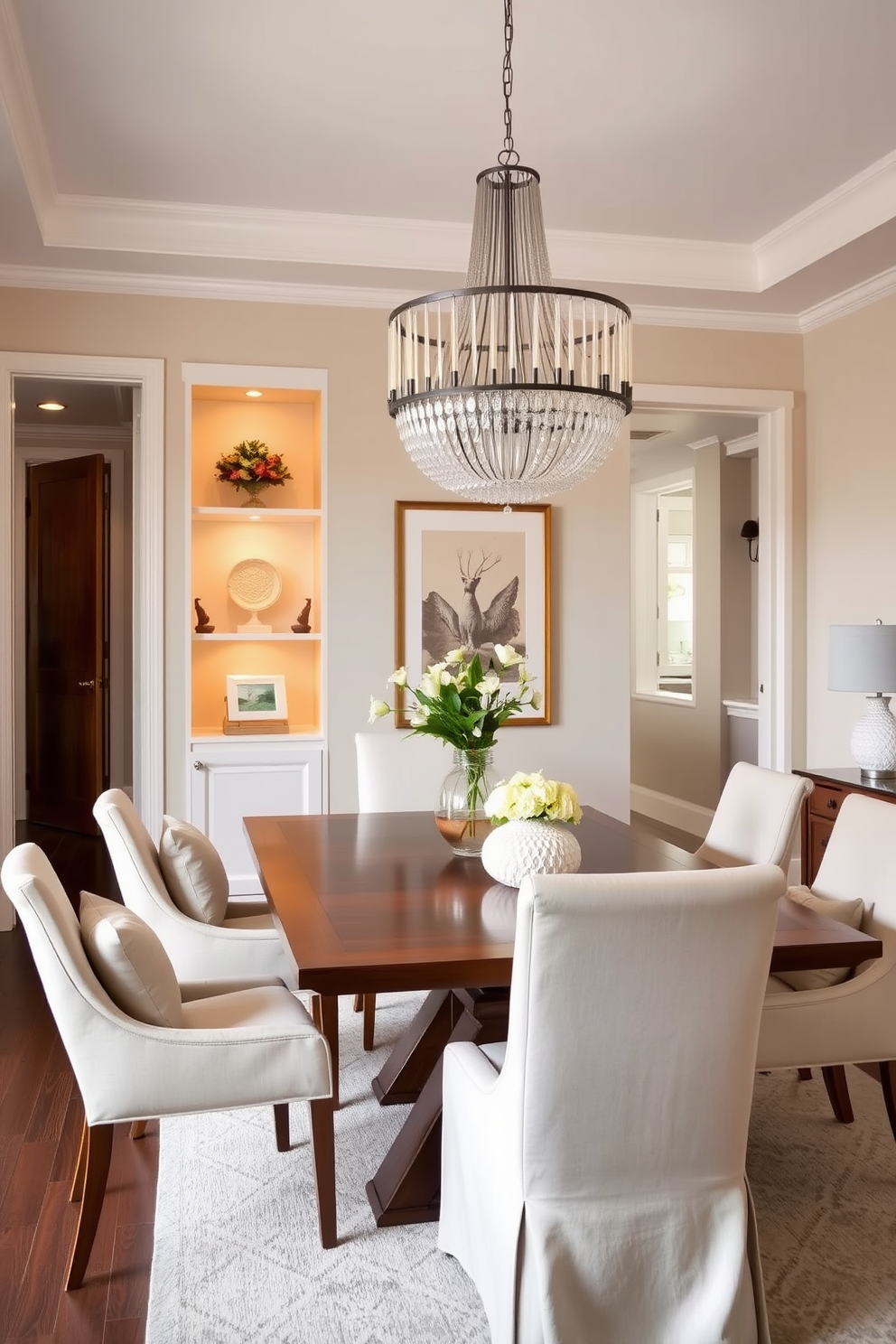 A transitional dining room that blends modern and traditional elements. The space features a large wooden dining table surrounded by upholstered chairs, with a family heirloom sideboard displaying cherished collectibles. Warmth is added through soft lighting from a stylish chandelier above the table. The walls are painted in a neutral tone, and a colorful area rug anchors the space, enhancing the cozy atmosphere.