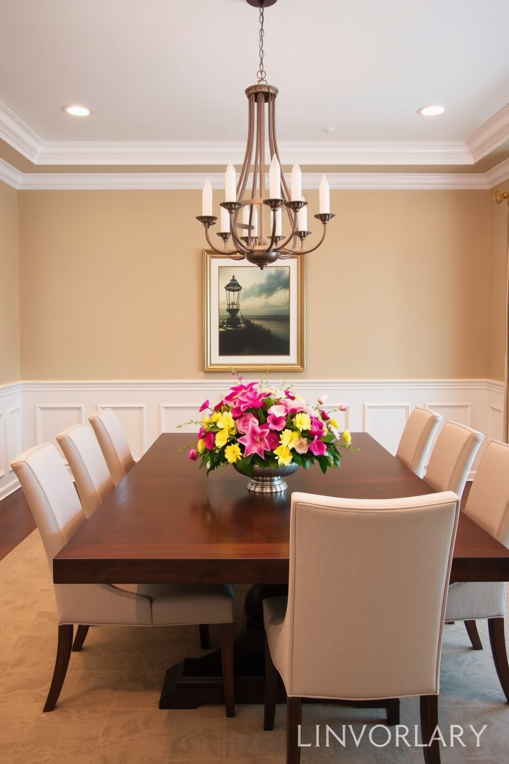 A warm wood dining table is the centerpiece of the room, surrounded by modern upholstered chairs that add a touch of elegance. The walls are painted in a soft beige, complemented by a statement chandelier that casts a warm glow over the space.