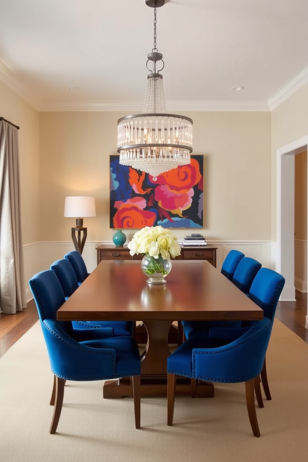 A transitional dining room featuring a blend of modern and vintage furniture. The centerpiece is a large reclaimed wood dining table surrounded by upholstered chairs in a soft gray fabric. On one side of the room, a sleek modern sideboard complements the rustic table, adorned with decorative items and a stylish lamp. The walls are painted in a warm neutral tone, and a statement chandelier hangs above the table, adding elegance to the space.