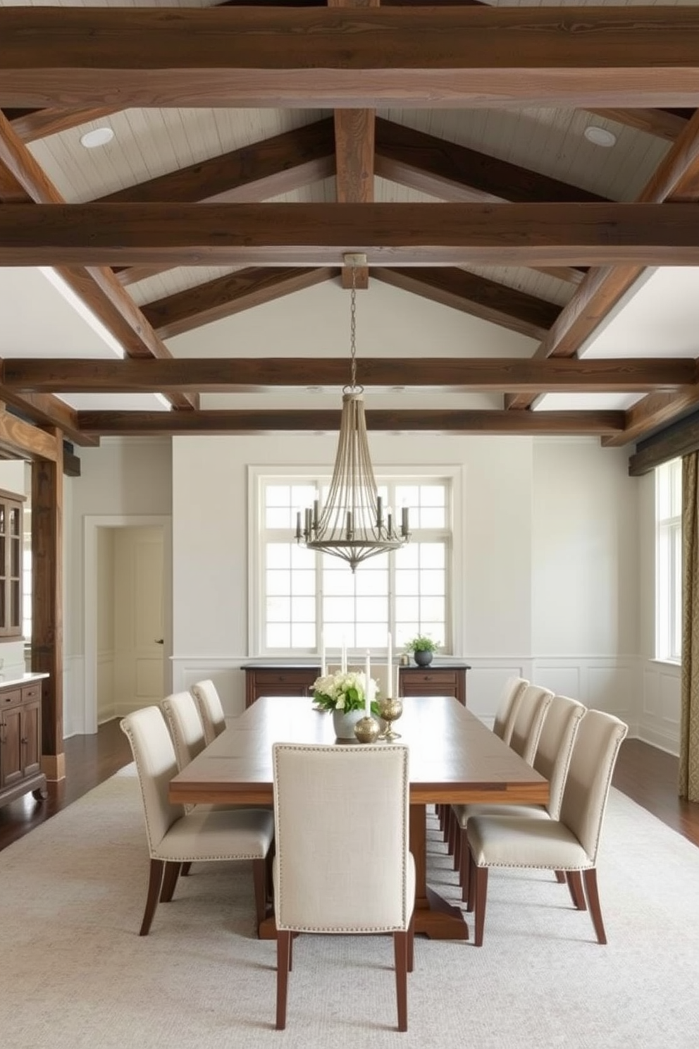 A transitional dining room features rustic beams that add architectural interest to the space. The room is adorned with a large wooden dining table surrounded by upholstered chairs in neutral tones.