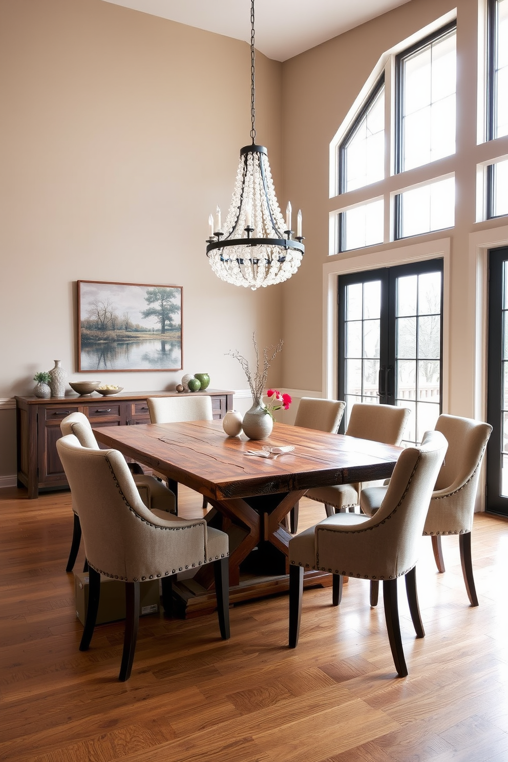 Chic chandelier hangs elegantly above a rustic wooden dining table that showcases natural grain and texture. Surrounding the table are upholstered chairs in neutral tones, creating a warm and inviting atmosphere. The walls are painted in a soft beige, complementing the rich wood tones of the table. Large windows allow natural light to flood the space, enhancing the overall ambiance of the room.