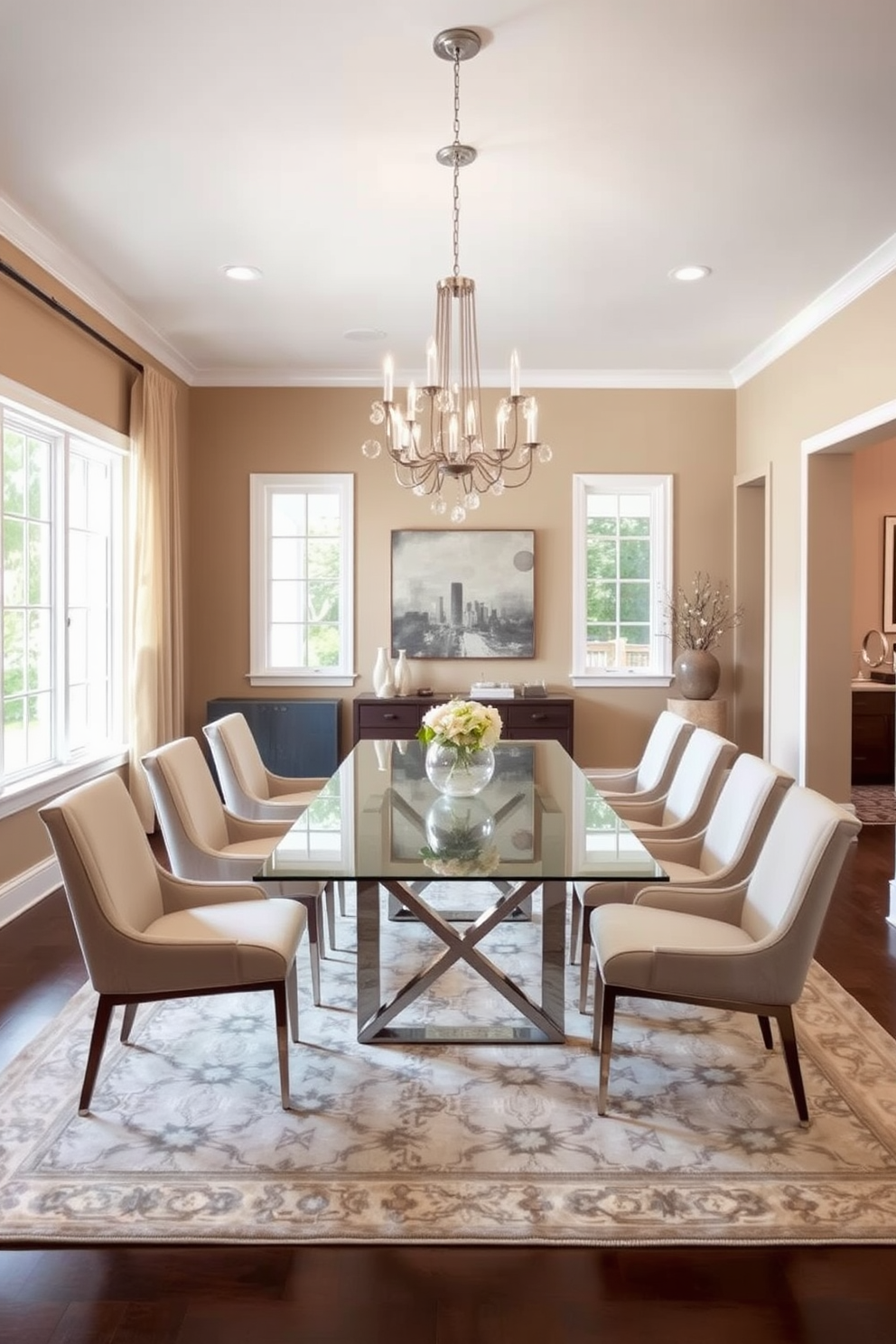 A glass dining table with sleek metal legs sits at the center of the room, surrounded by upholstered chairs in soft neutral tones. The walls are painted in a warm beige, complemented by a statement chandelier that adds a touch of elegance to the space. A large area rug anchors the dining area, featuring subtle patterns that enhance the transitional style. Natural light floods in through large windows, creating an inviting atmosphere perfect for gatherings.