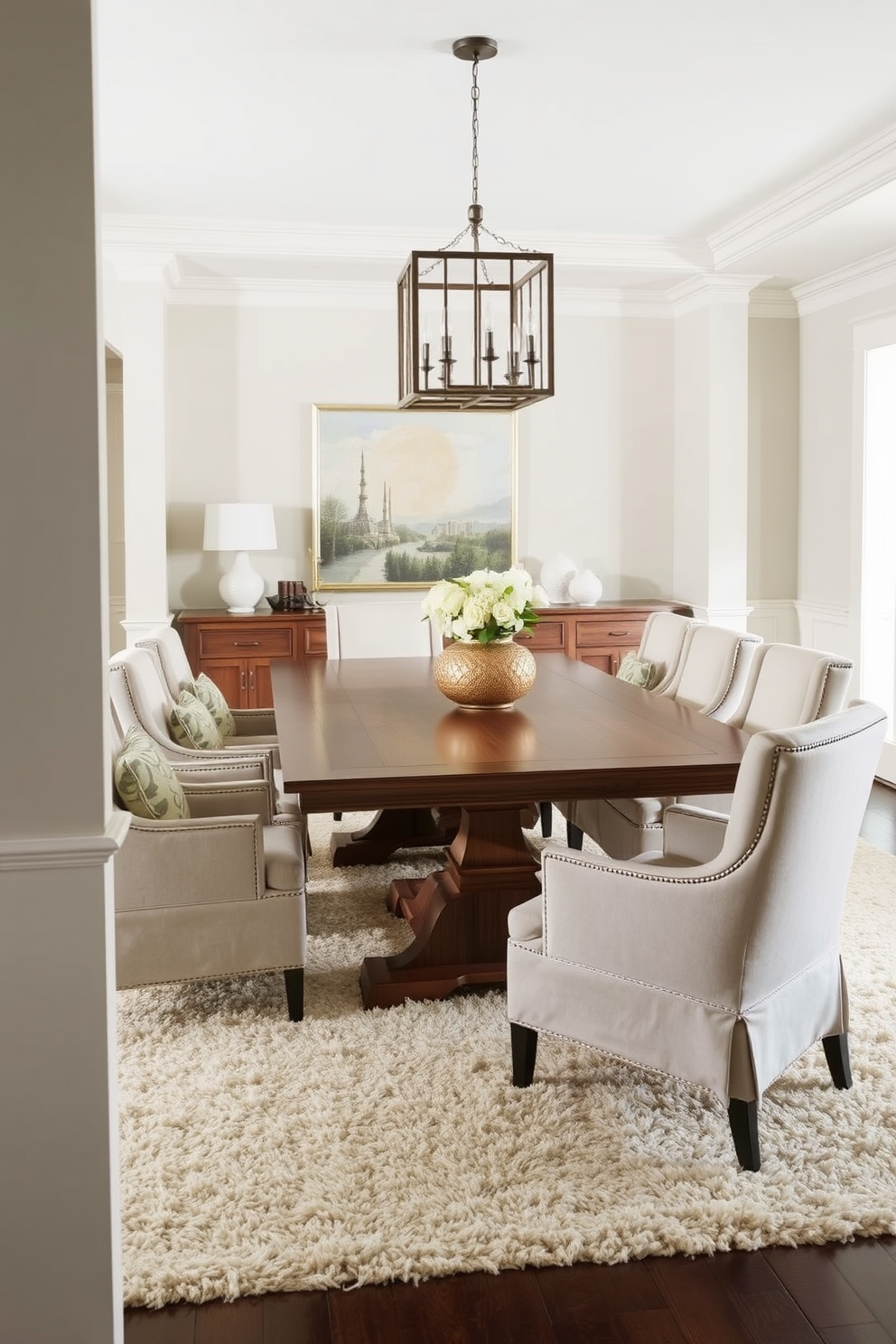 A transitional dining room features a large wooden table surrounded by upholstered chairs in soft neutral tones. Layered textiles such as a plush area rug under the table and decorative throw pillows on the chairs create a cozy atmosphere.