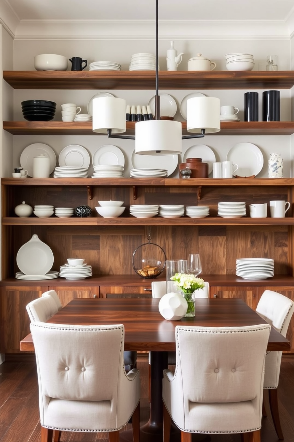 A transitional dining room features open shelving elegantly displaying an array of stylish dishes. The shelves are crafted from reclaimed wood, adding warmth to the space while complementing a modern dining table with upholstered chairs.